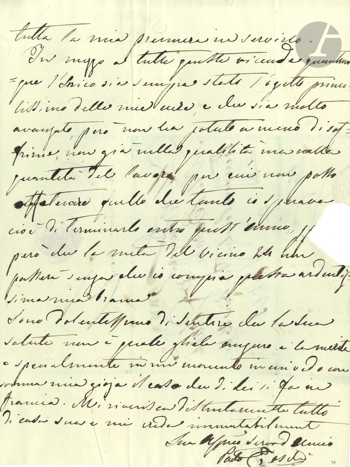 Paolo TOSCHI (1788-1854) graveur italien. L.A.S., Parme 14 novembre 1823, au baron Gérard; 3pages in-4, adresse avec cachet de cire rouge et cachets postaux; en italien.
Il a été malade une partie de l’été et à l’automne. Il est allé à Florence pour faire la dernière épreuve du portrait d’Alfieri où une douleur au genou gauche l’a retenu quinze jours au lit; du lit de Florence, il est passé au sien à Parme, et il n’est pas encore remis. Il travaille à l’entrée d’Henri IV: «L’Enrico sia sempre stato l’ogetto principalissimo della mia vita e che sia molto avanzato», et il espère le terminer cette année…