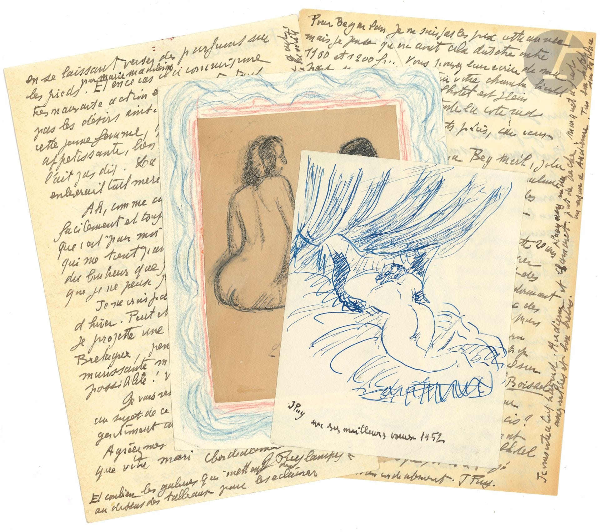 Jean PUY (1876-1960). 4 L.A.S. et 2 dessins, 1945-1952, à Kurt Groger, «artiste peintre» (2 à Mme Groger); 2pages in-8 chaque lettre, enveloppes; plus les dessins.
Lettres amicales à son «collègue et voisin d’atelier».
Lyon 16 novembre 1945. Il s’inquiète d’un écho sur les loyers et d’une réquisition de son appartement, alors qu’il songe à revenir à Paris, et du sort de «ce copieux bordel de tableaux, de bouquins, de dessins et vagues meubles»… «Depuis mon retour à Roanne j’ai passé des séances à peindre des chrysanthèmes, mais tout a avorté misérablement et j’ai dû les abandonner tous les uns après les autres car d’ici le jugement dernier je n’en serai pas sorti»… – Roanne 1er janvier 1946:«rien ne nuit d’espérer que 1946 verra s’améliorer un peu l’état de tous les peuples, mais il devront laisser beaucoup d’illusions et d’opinions politiques. Cependant sans y croire trop, croyons tout de même à une espèce de fraternité des peuples. […] En peinture c’est bien plus difficile puisqu’il n’y a plus de doctrine qui se tienne debout. Il faut arriver à s’en faire une conforme à ce qu’on a dans le ventre, et c’est rudement difficile. Mais si chacun y arrivait même d’une façon suffisante ce serait certainement très bien, dit Bonnard»…
Roanne 8 avril 1952, au sujet d’un tableau qui n’est pas de sa «très prestigieuse main»; il n’a «jamais été tenté de peindre des enfants, peut-être parce que je n’ai jamais eu le goût d’en avoir»… Il critique les galeries qui mettent des lampes au-dessus des tableaux. – 16 mai, détails sur des lieux et logis en Bretagne.
2 dessins signés: deux femmes nues au crayon noir (13x9cm), monté sur feuillet 17x13cm avec encadrement au crayon bleu; nu allongé de dos (13, 5x10cm), plume et encre bleue, pour les vœux 1852.