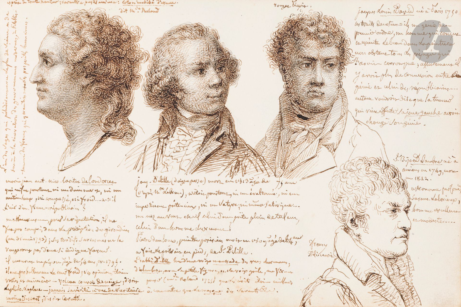 ALBUM DE DESSINS. Album de dessins originaux à l’encre ou à la mine de plomb, début XIXe siècle; volume oblong in-8 (13,5x20,5cm), dos basane rouge en partie détaché, 51 feuillets.
Album de Jacques-Gabriel ROLIN (Nancy 1782-1852), géomètre et numismate, il fut inspecteur des forêts à Guise et sous-préfet; il fut élu en 1825 à l’Académie de Stanislas à Nancy, où il résida à partir de 1840, et où il mourut; il était manifestement un bon dessinateur, comme le montre ce carnet.
Les 18 premières pages présentent près de 80 portraits, principalement à la plume, avec commentaires autographes: Alexandre Ier, Alfieri, Andrieux, Augereau, Beaumarchais, Beurnonville, Boissy d’Anglas, Boufflers, Brune, Burke, Calvin, Canova, Carnot, Catherine II, Caulaincourt, Chateaubriand, Chaudet, Condorcet, Courier, Custine, Dante, David, Delambre, Delille, Drouot, Dubois-Crancé, Dupin aîné, Foy, Girodet, Hauy, Hoche, Lagrange, La Rochejaquelein, Lasalle, La Tour d’Auvergne, Marie-Thérèse, Mlle Mars, Moreau, Napoléon, Ney, Mme de Staël, Suchet, Talleyrand, Vincent de Paul, etc., d’après Boilly, David, Frémy, Gérard, Girodet, Gros, Houdon, Rouget, etc.
Suivent des dessins sur des feuillets montés dans l’album, certains provenant d’un plus petit carnet: 5 autoportraits, médaille du roi Stanislas, chevet de la cathédrale de Bourges, préfecture de Besançon (1812), composition fantastique de têtes, statues antiques, copies de tableaux (dont Velasquez), panorama de Guise, paysages, etc. 4 dessins se rapportent aux arbres.