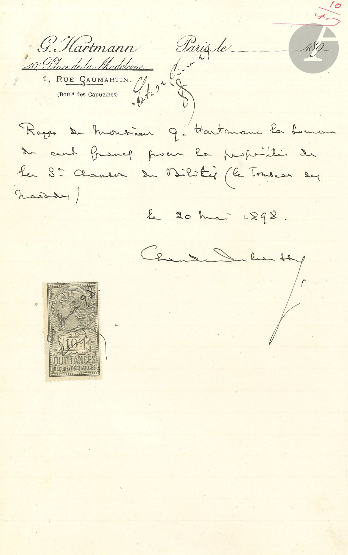 Claude DEBUSSY. P.A.S., May 20, 1898; half-page in-8 on G. Hartmann letterhead, tax stamp.
Received from his publisher G. Hartmann "the sum of one hundred francs for ownership of the 3rd Chanson de Bilitis (le Tombeau des Naïades)".