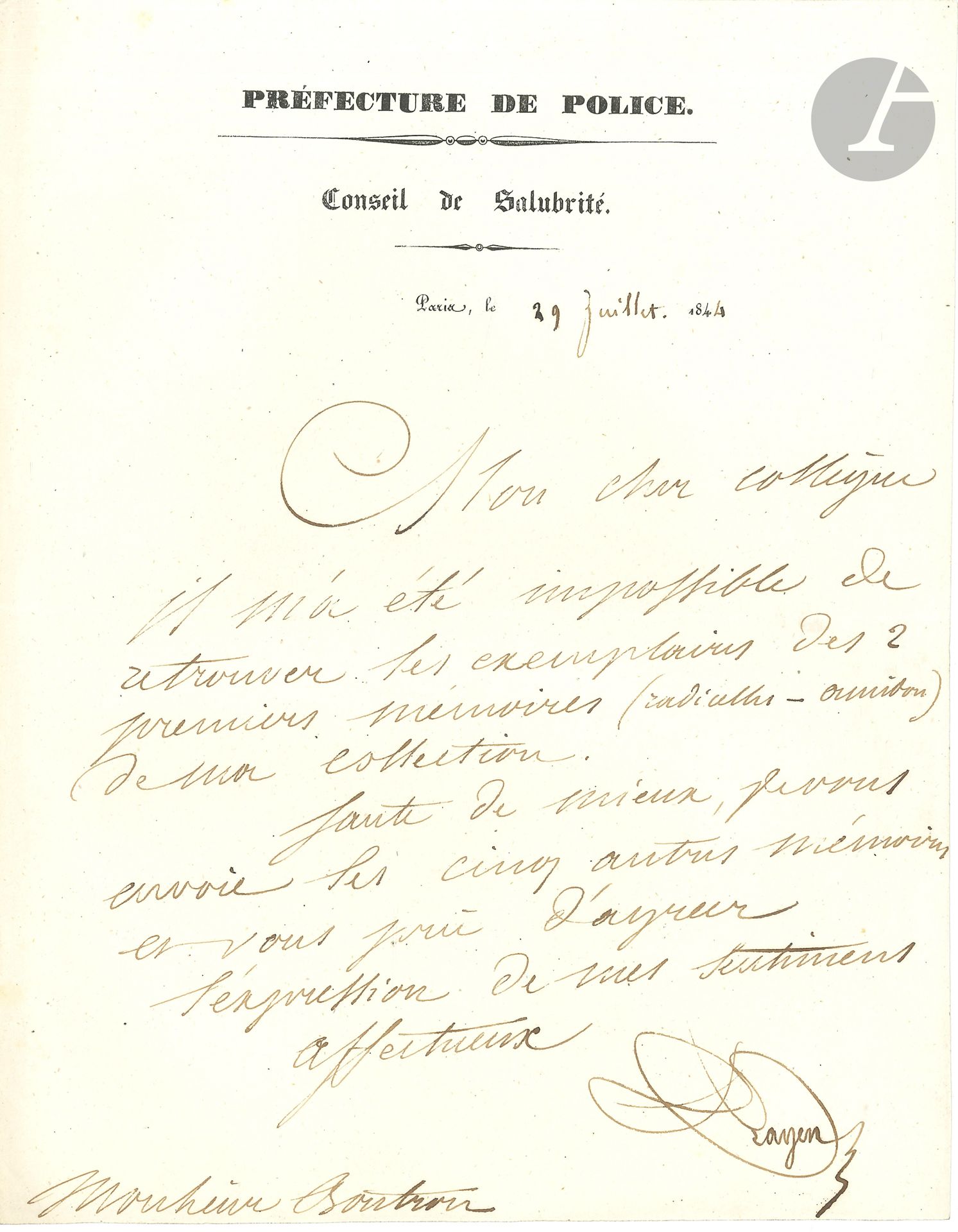 Anselme PAYEN (1795-1871) chimiste. 7 L.A.S., 1841-1870, à son collègue Antoine-François Boutron; 8 pages et demie in-4 ou in-8, 3 à en-tête (Préfecture de Police, Conseil de Salubrité: École Centrale des Arts et Manufactures),  qqs adresses.
Rendez-vous, remerciements, recommandation pour M. Favié (pour le nommer attaché à l’un des ponts à bascule); il propose à Boutron de lui «montrer mes laboratoires, collection de bois imprégnés &c»; 2 lettres (1846) au sujet des manufactures du quai de Javel.
On joint un tiré à part d’un article de Payen paru dans la Revue des Deux mondes sur la soude artificielle.