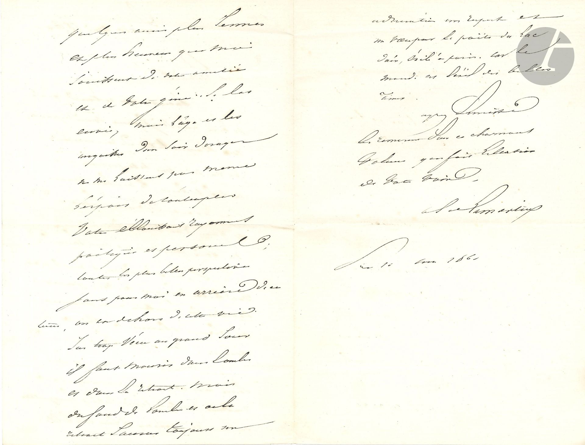 Alphonse de LAMARTINE (1790-1869). L.A.S., Paris May 10, 1861, to Princess Marie-Laetitia de Solms; 2 1/2 pages in-8.
Beautiful letter on the Princess's Fleurs d'Italie, poésies et légendes (1859): "I wanted to read you before praising you, and when one has read you one no longer knows how to praise you. It is obviously necessary to use your beautiful language of verse to express the impressions one feels when reading several of your poems. This is what I hope to be able to do as soon as the excess of prosaic occupations restores some clarity to the imagination in which you portray yourself as so good and so beautiful. Some friends, younger and happier than me, enjoy your friendship and your genius. I envy them, but age and the anguish of a stormy evening leave me no hope of even contemplating your dazzling poetic and personal radiance. All the most beautiful perspectives are for me behind this time, or outside this life. I've lived too much in broad daylight. One must die in the shadows and in retirement. But from the depths of shadow and retirement I will always have an admiration, a respect and a vow for the poet of the Lac d'Aix, exiled in Paris. For the world is the exile of beautiful souls"...