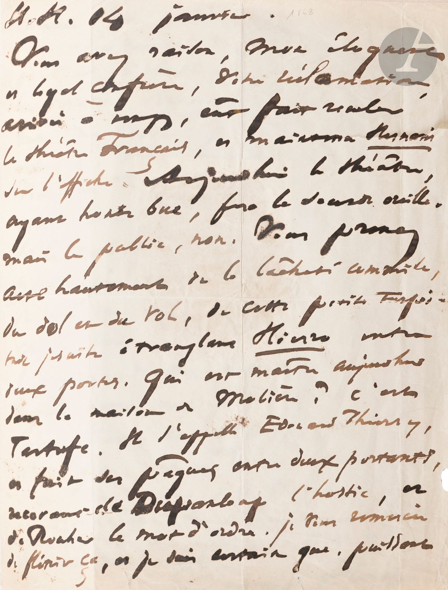Victor HUGO (1802-1885). 4 L.A.S., Hauteville House (Guernesey) et Bruxelles janvier-décembre 1868, à Jules Claretie; 6pages in-4 ou in-8, adresses et enveloppes; montées sur onglets sur des feuillets de papier vergé en un volume petit in-4 relié maroquin noir souple, titre doré sur le plat sup.
Très belle correspondance.
14 janvier. Après l’interdiction des pièces de Victor Hugo à la Comédie Française... «Vous prenez acte hautement de la lâcheté commise, du dol et du vol, de cette petite turpitude jésuite étranglant Hierro entre deux portes. Qui est maître aujourd’hui dans la maison de Molière? c’est Tartufe. Il s’appelle Édouard Thierry, et fait ses pâques entre deux portants, recevant de Dupanloup l’hostie, et de Rouher le mot d’ordre [...] Je suis un pestiféré, je suis en quarantaine. La police crible mes lettres, la, poste vole l’argent de mes timbre-poste»...
26 janvier. Il promet à Claretie un dessin, et l’invite à venir au printemps à Bruxelles: «je ferai sous vos yeux votre dessin, que vous me paierez d’un serrement de main [...] chose curieuse et qui m’a charmé, Garibaldi m’a répondu en vers, et en vers français»...
Bruxelles 31 août. [Mort de Mme Hugo]: «L’insomnie m’a brulé les yeux. Lire votre belle page sur ma chère morte m’a soulagé»...
31 décembre. Il lui envoie par Auguste Vacquerie le dessin promis: «C’est el puente de los contrabandistas. J’ai vu cela dans les Pyrénées, étant enfant. Le Pont des Contrebandiers était terrible. Il servait aux contrebandiers comme pont, et à la justice comme gibet. On les pendait aux poutres. Cela ne les empêchait pas de continuer d’y passer. Ce pont s’appelait aussi:
 On marche dessus.
 On danse dessous.
J’ai cité dans le Dernier jour d’un condamné la chanson triste 
 Je lui ferai danser la danse
 Où il n’y a pas de plancher.
Cette lugubre danse, je vous l’envoie. Pardonnez-le moi. C’est hideux, mais utile. Il faut mettre aux bourreaux le nez dans leur ouvrage. Donc montrons l’horreur du passé.
Le présent n’est pas beaucoup plus beau. Mais quel Demain vous allez avoir, vous qui êtes jeunes! Moi, je serai mort»...