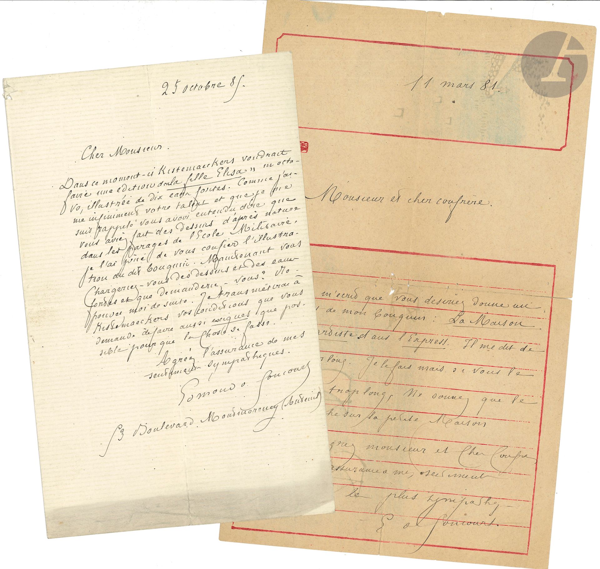 Edmond de GONCOURT (1822-1896). 2 L.A.S., Paris 1881-1885; 1page petit in-4 (papier japonais, pli fendu) et 1page in-8.
11 mars 1881, à un confrère [Georges Lecomte?]. «Céard m’écrit que vous désirez donner un extrait de mon bouquin: La Maison d’un artiste dans l’Express»; si le texte est trop long, ne donner «que le paragraphe sur la petite Maison»… – 25 octobre 1885, à un dessinateur. «Kistemaeckers voudrait faire une édition de la Fille Elisa en octobre, illustrée de dix eaux-fortes. Comme j’aime infiniment votre talent […] je l’ai prié de vous confier l’illustration de ce bouquin»; il lui demande ses conditions «aussi exigues que possible»…
On joint une petite l.a.s. de Jules de Goncourt, demandant de rétablir les apostrophes et les accents dans la feuille Louis XV enfant; et une carte de visite a.s. d’Edmond à Edmond Cousturier (enveloppe), remerciant pour un article (1888). Plus 3 poèmes autographes signés et 2 L.A.S. de Jean AJALBERT.