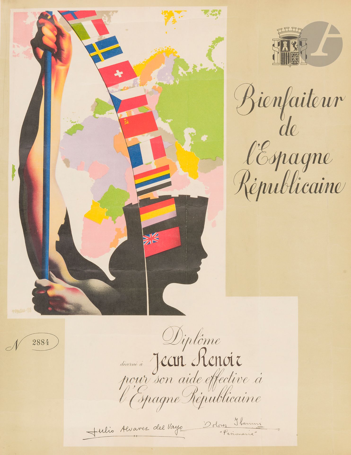 [Jean RENOIR]. Diploma, 1938; 19x38.5cm partly printed.
Diplôme de Bienfaiteur de l'Espagne Républicaine awarded to Jean Renoir "for his effective aid to Republican Spain". The diploma is illustrated with a composition by Renau, and bears reproductions of the signatures of Julio Alvarez del Vayo and Pasionaria Dolores Ibarruri.
Enclosed is a telegram (Italcable) from Georges Simenon to Jean Renoir on the New York success of Le Fleuve (1951); plus a copy of a text by Simenon praising Leslie Caron in Renoir's play, Orvet; a copy of a poem by Renoir for Leslie Caron.