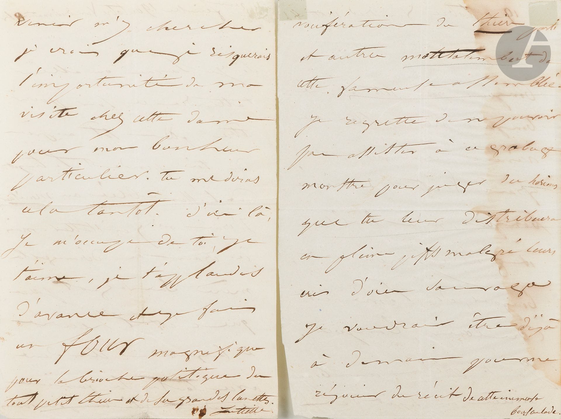 [Victor HUGO]. Juliette DROUET (1806-1883). L.A.S. "Juliette," October 19 Friday morning [1849], to Victor Hugo; 4pages in-8 (slight wetness on one edge; under glass).
"Bonjour, mon toto aimé, bonjour, mon noble cœur vénéré, bonjour, mon grand Victor admiré, bonjour, mon sublime et généreux homme, bonjour, de l'âme et du cœur, bonjour. I predict a great success for you, despite the vociferations of the Thiers party and the other Montalemberts of this famous assembly. I regret that I won't be able to attend this monster ruckus to judge the horrors you'll distribute to them in full piff despite their wild goose cries. [...] I applaud you in advance and I make a magnificent FOUR for the political brioche of the tiny Thiers and his big glasses".
Former Robert Manuel collection (November 16, 1986, no. 199).