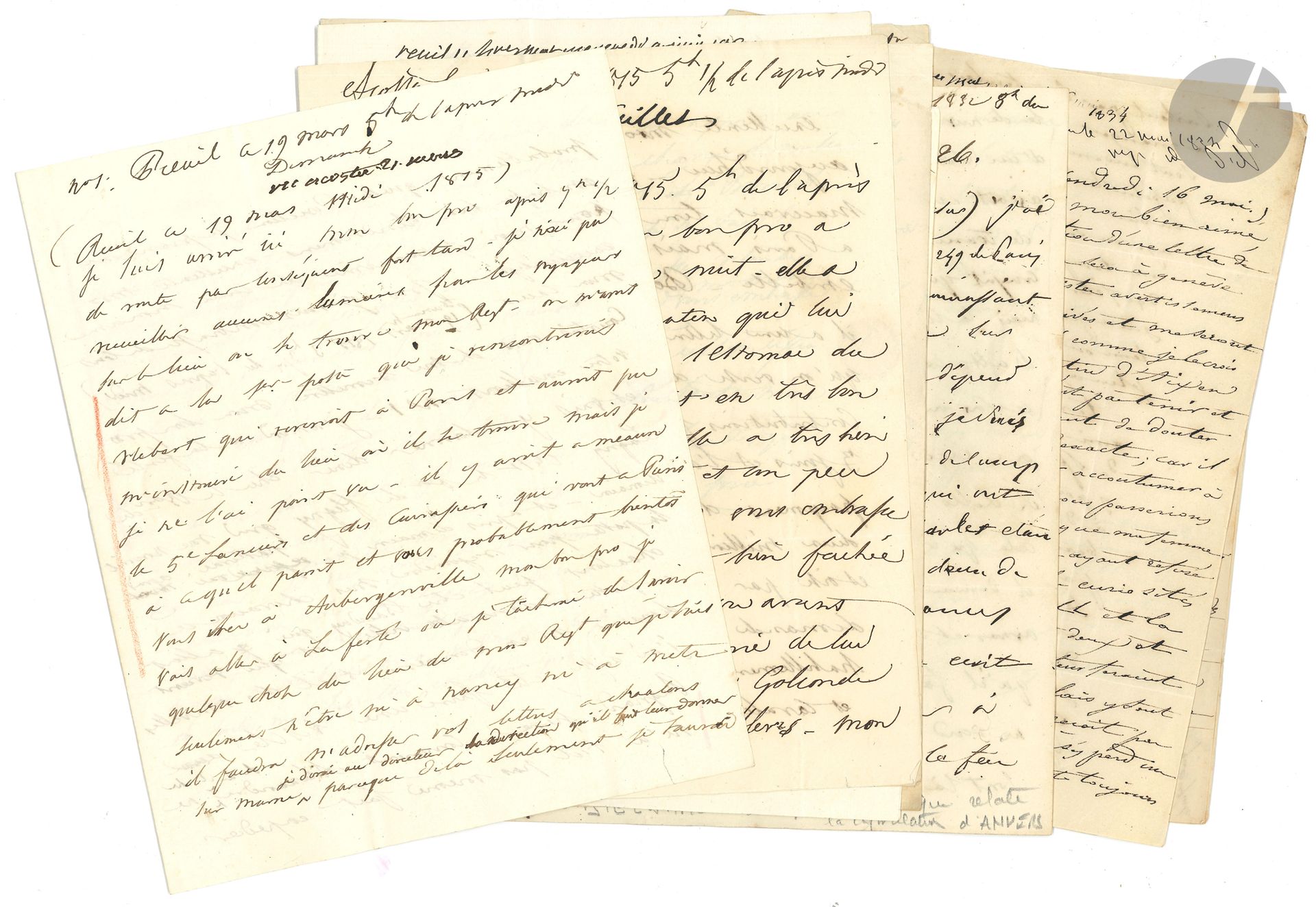 Boniface de castellane (1788-1862) maréchal de France. 9 L.A. (certaines dictées en partie autographes), 1815 et 1830-1835, à son père le général comte Boniface de Castellane-Novejean (3), ou à son fils Henri de Castellane (4); 27 pages petit in-4, adresses.
Reuil 19 mars 1815. Il ignore où se trouve son régiment, qui n’est ni à Nancy ni à Metz; il dînera ce soir chez le baron de Lagny à La Ferté... Acosta 9 juillet 1815. Le sous-préfet ordonne le prompt versement des contributions foncières «pour le payement d’une contribution de deux millions imposée au Dept de Seine-et-Oise par les Prussiens»... Reuil 8 juin 1830. Anecdote concernant le baron de Lagny: «Beaucoup de probité, un ministérialisme gravement visible... une politesse que certains croyent fille d’un amour propre gravement flatté... au reste cela vaut bien la grossièreté révolutionnaire, et même la politesse mal apprise»... 22-23 janvier 1832, sur la plaidoirie d’Hennequin contre Mme de Feuchères, au nom des princes de Rohan: «Cet assassinat du pauvre duc de Bourbon qu’on a voulu faire passer pour un suicide révolte toutes les circonstances de cet épouvantable crime!... et l’on assure que la position légale où elle se trouve protège cette scélérate qu’elle gagnera son procès et restera couverte d’or et d’infamie. C’est pourtant un malheur public que l’acquittement d’un tel monstre»... Q.G. de Merckem 23-24 décembre 1832, sur le siège d’Anvers: «Ce matin à 8h le gal Chassé a écrit au mal Gerard pour lui demander à capituler à 9h on a cessé le feu. Le dernier coup de canon a emporté le bras d’un lieut. d’artillerie. Cette arme depuis 36 heures avait eu 7 officiers tués ou blessés»... Perpignan 17 décembre 1833. «Morella a été pris le 10 Xbre par les troupes de la Reine; c’était un point du royaume de Valence, où les insurgés avaient établi une junte carliste»... Aix-en-Savoie 16 mai [1834]. Rapide tableau d’Aix et de Spa, où les Anglais dominent et l’argent coule à flots. Il se rend à Genève... Nice 15-16 mars 1835. Son fils a raison de dire qu’ils sont moins sérieux dans ce lieu de plaisir qu’ailleurs: il évoque «les marionettes du pape» de la veille...