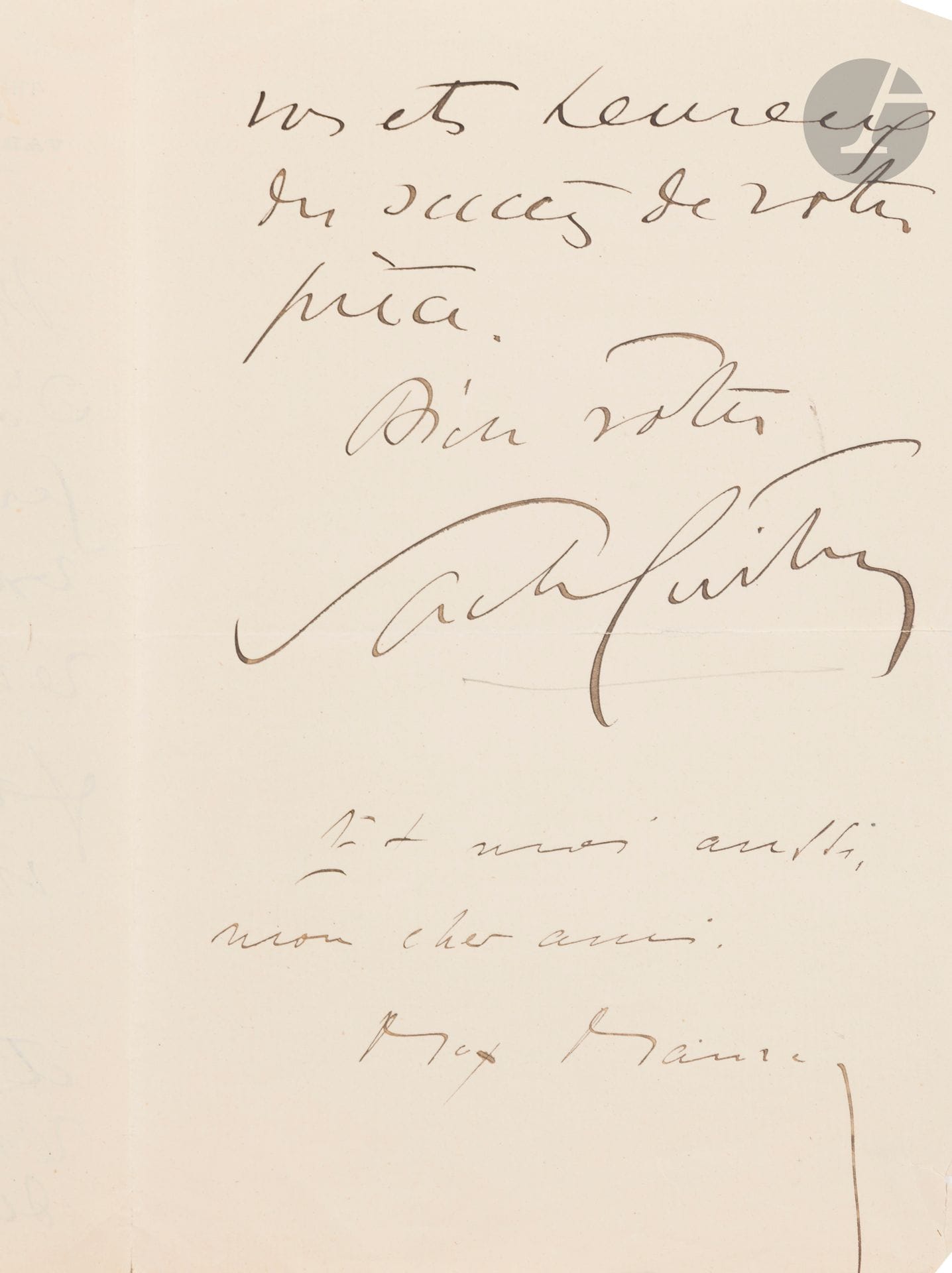 Sacha GUITRY (1885-1957). L.A.S. à un «cher confrère»; 2pages in-8 à en-tête Théâtre des Variétés (pli fendu).
«D’après ce que me dit Germaine, il ne me reste plus qu’à vous remercier – nous le faisons bien sincèrement. J’espère que vous êtes complètement remis de votre petit accident d’auto – et que vous êtes heureux des succès de votre pièce»…
Max Maurey ajoute 2 lignes a.s.: «Et moi aussi mon cher ami».