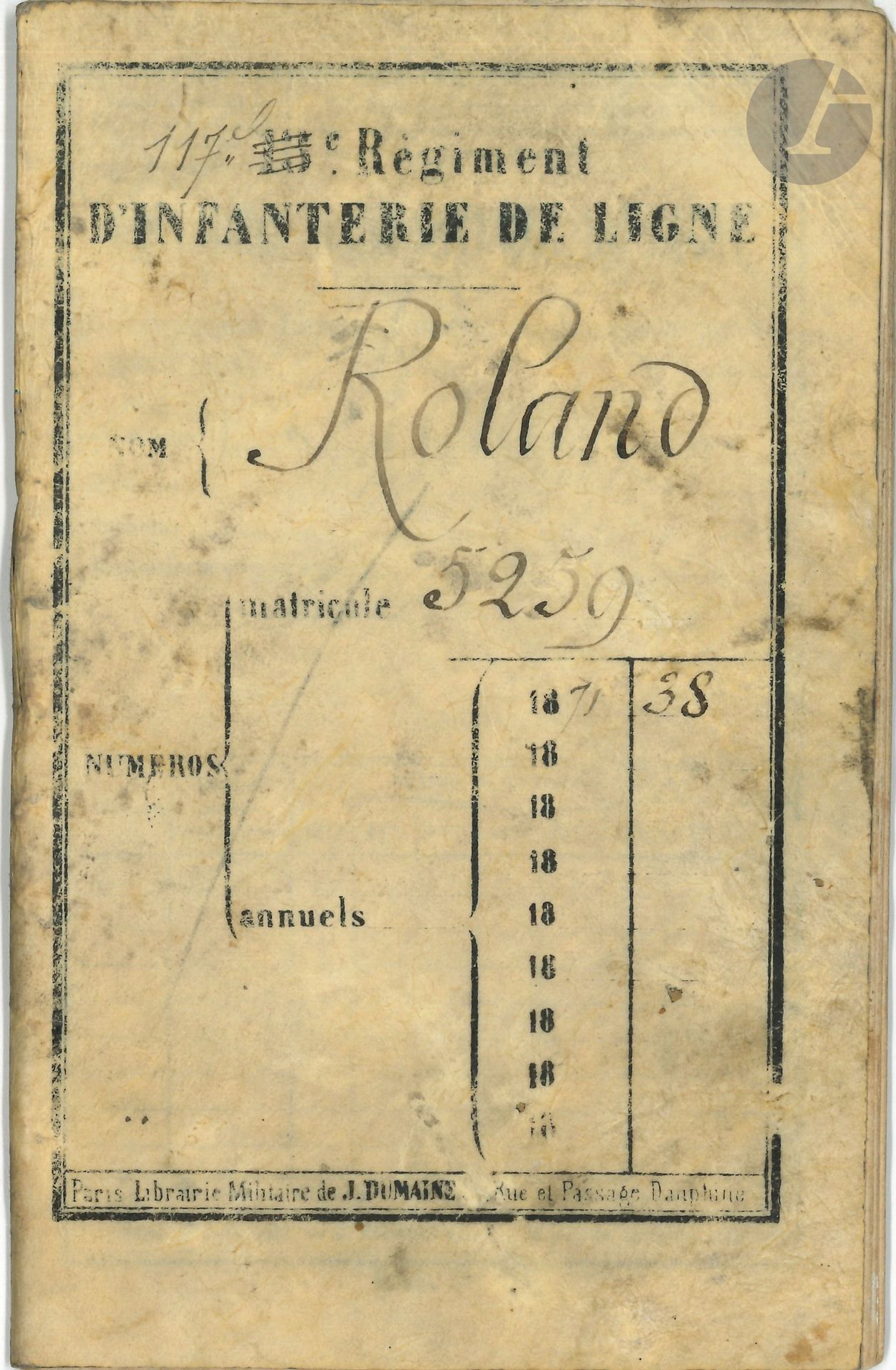 MILITARIA. 2 military booklets, 1860-1871; in-12 paperback.
Military records of Henri-Joseph Roland, born in Segré (Maine-et-Loire) in 1841, volunteered for 7 years in Soissons in 1860 and became a rifleman in the 46th Regiment of the Line; Roland became corporal the following year, sergeant-fourrier in 1862 and sergeant in 1864. Discharged from his rank for "dereliction of duty", he became a fusilier again, before becoming a corporal again in 1865. On leave at the end of that year, he was discharged in 1867, became editor of the newspaper Le Siècle, and returned to service during the 1870-1871 war. Wounded in the battle of Châtillon on September 19, 1870, he left the army in March 1871. A certificate (1867) and his discharge papers (Angers, April 24, 1867) are enclosed.