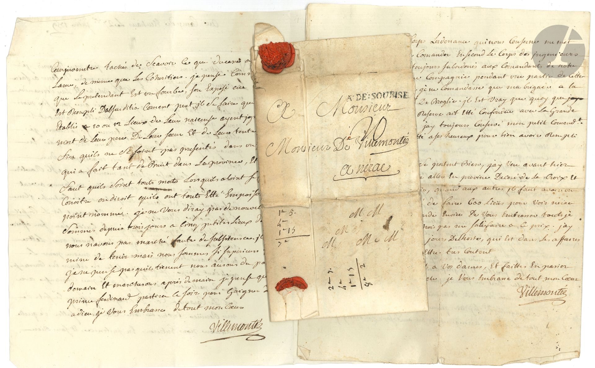 Famille de GRAMONT DE VILLEMONTÈS. Environ 130 lettres ou pièces, 1580-1831 et s.d. (défauts à qqs pièces).
Ensemble de lettres et papiers de cette famille, habitant le château de Lassalle à Calignac près Nérac. Correspondances familiales, lettres d’affaires, actes divers…
Testament de Géraud Claverye (1652). Qualification des biens de Mathieu Figuaderes (1695). Lettres adr. à Duquesne, subdélégué de l’intendant de Guyenne à Nérac. Lettres de Frédéric-Maurice III comte de Villemontès à son frère, du camp devant Maestricht et d’Ostende (1748), du camp de Munich Holtzhausen, du camp de Neuhaus (1759), de Francfort (1759-1760), d’Auray (1761). Papiers de Mathieu de Gramont de Villemontès, ingénieur, directeur des fortifications des Îles sous le vent (1763). Lettres de Boutin, intendant de la généralité de Bordeaux, concernant le foral de Lavardac (1765), du duc d’Aiguillon (1772). Gramont de Villemontès à son fils à l’école du Génie à Mézières (1780-1781). César Faucher à Frédéric-Maurice IV, officier du génie (La Réole 1786), et autres lettres à lui adressées. Lettre de réception de Frédéric-Maurice IV dans la Société harmonique des amis réunis de Strasbourg (1786). Délibération du conseil de district de Nérac (1794). Emprunt forcé (1800). Jugement du tribunal de commerce d’Agen (1806). Lettres de L. Gramont de Villemontès, gendarme d’ordonnance à cheval, à son père et à son frère (Berlin et Stettin 1807). Etc.