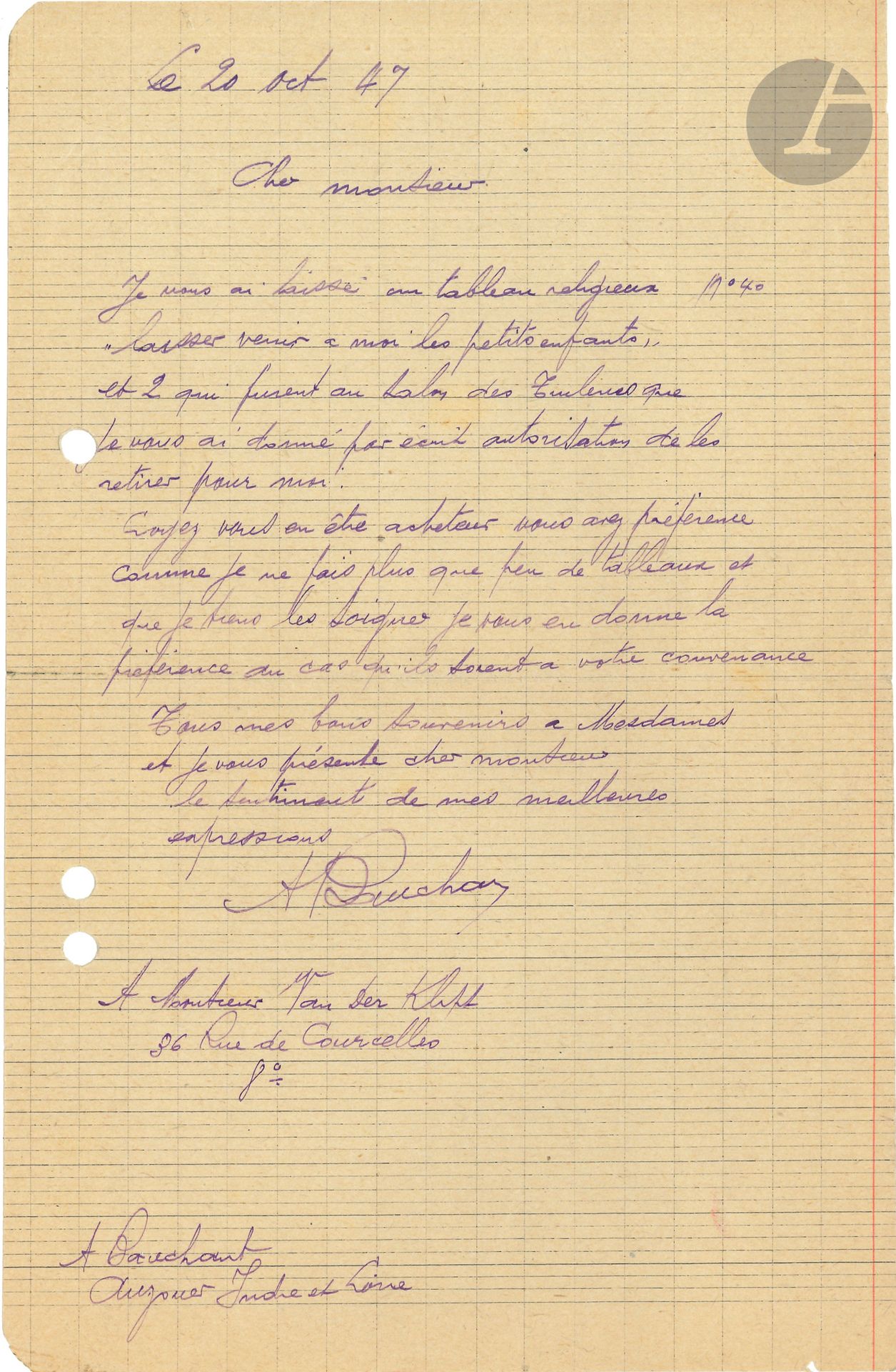André BAUCHANT (1873-1958). 2 L.A.S., October-November 1947, to M. Van der Klift; 1page in-8 each (binder holes).
To a collector. - October 20. He left him "a religious painting N° 40 'Laissez venir à moi les petits enfants' and 2 which were at the Salon des Tuileries", which he asked him to remove on his behalf. He gives him preference if he wishes to acquire them, "as I only do a few paintings now and I want to take care of them"... - November 18. He reminds her that he gives her preference for these three paintings, including a Temptation of St. Anthony: "failing that, I won't sell them, I'll keep them for my family"...
We enclose 2 L.A.S. from Léonor Fini (1976).