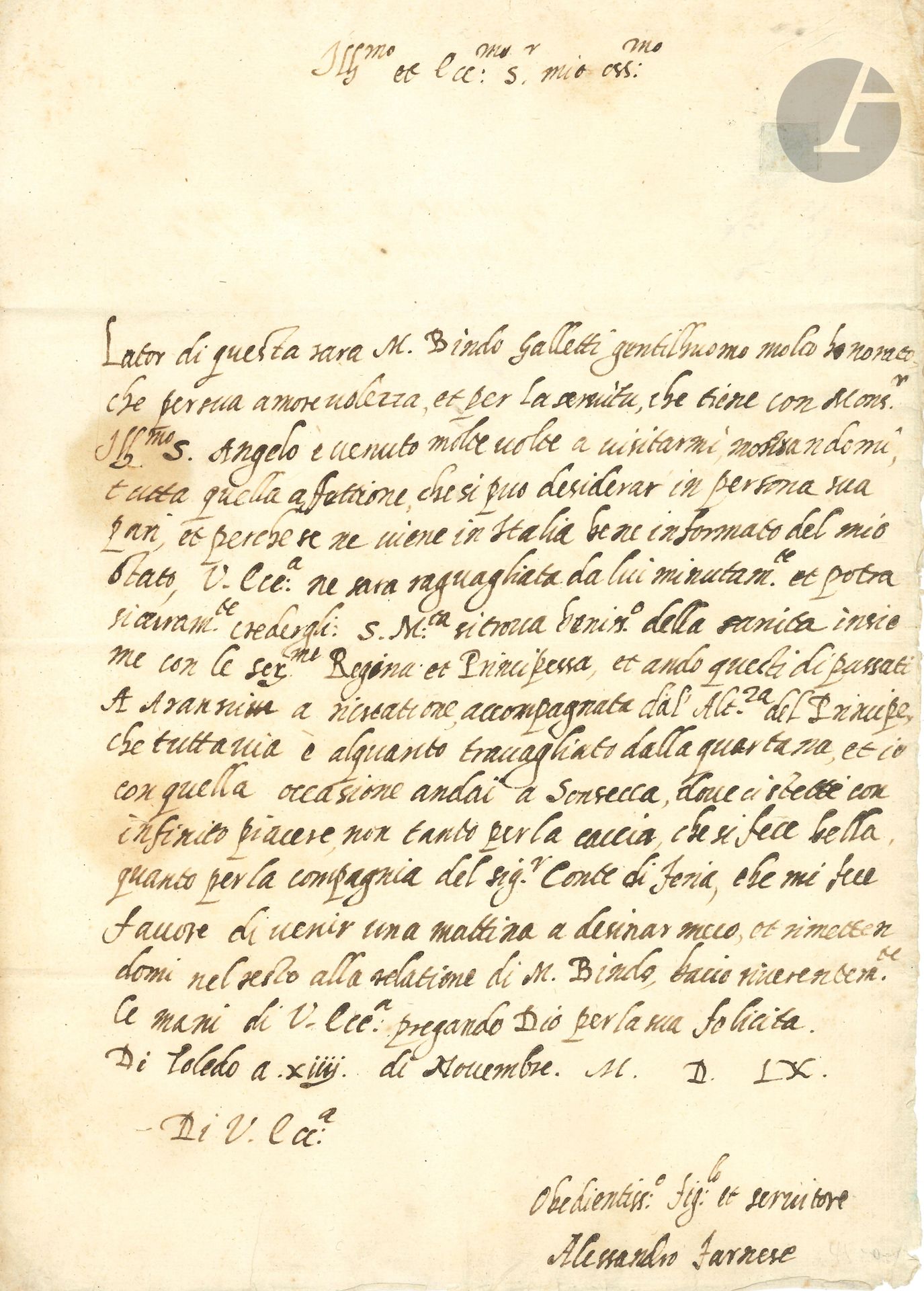 ITALY. 29 letters or pieces, mostly L.S., 1496-1854; in Italian.
Alessandro Farnese (Toledo 1509, to the Duke of Parma). Tomaso Machiavelli (2, Rome 1562, to Margaret of Austria). Cardinal Farnese (2 to the Duke of Parma, Caprarola 1576 and Rome 1582). Guglielmo Gonzaga Prince of Mantua (dalla Montata 1581, to the Duke of Parma). Cosimo II de Medici Grand Duke of Tuscany (Firenze 1612, to Leonardo Martellini in Ferrara). Fabrizio Sforza Colonna (Lodi 1616). Francesco de Medici (Prague 1633, to the Duchess of Parma). Francesco I d'Este (11, 1649-1659, to Marquis Villa, partly in figures, including a L.A.S., from various camps, Cremona, Parma, Turin, Marignano, Modena...). Laura Martinozzi Duchess of Modena (1670, to Marquis Villa). Charles-Emmanuel III, King of Sardinia (Turin 1752). Maria Isabella, Queen of the Two Sicilies (2 including one L.A.S., Genoa 1830 and Naples 1832). Carlo Felice (patent, Altacomba 1830). Patent of the Republic of Sammarino (1854). Etc.
A manuscript of 16th-century historical notes (23 ff, in-8 hardback) and a letter of credit from the Banco di Corte (Naples 1806) are enclosed.