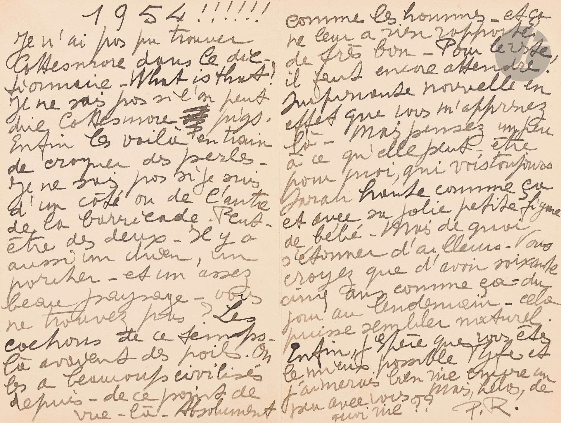 Pierre REVERDY (1889-1960). L.A.S. «P.R.», [Solesmes 2 janvier 1954], à un ami anglais Fyfe Duthy; 2pages grand in-8, au dos d’une carte illustrée représentant une miniature des Riches Heures du Duc de Berry, enveloppe.
Il fait allusion aux cochons représentés sur la miniature: «Enfin les voilà en train de croquer des perles. Je ne sais pas si je suis d’un côté ou de l’autre de la barricade. Peut-être des deux. Il y a aussi un chien, un porcher – et un assez beau paysage [...] Les cochons de ce temps là avaient des poils. On les a beaucoup civilisés depuis – de ce point de vue là. Absolument comme les hommes – et ça ne leur a rien rapporté de très bon». Il échange quelques nouvelles, ajoutant: «Vous croyez que d’avoir soixante cinq ans comme ça – du jour au lendemain – cela puisse sembler naturel». Et il termine, un peu amer: «J’aimerais bien rire encore un peu avec vous – mais, hélas, de quoi rire??».