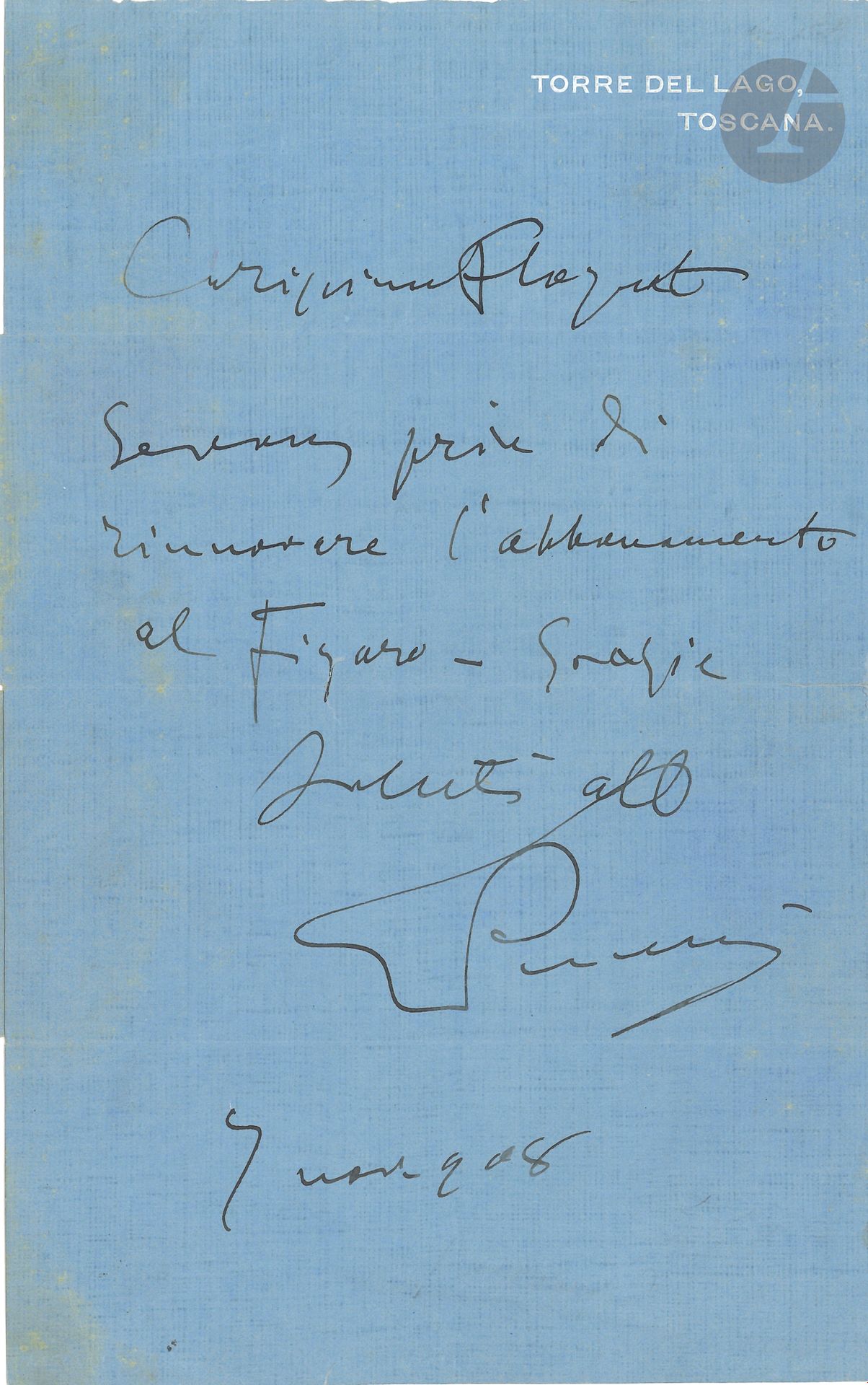 Giacomo PUCCINI. L.A.S., Torre del Lago November 7, 1908, to Louis Floquet, of Ricordi in Paris; 1page large in-8 on blue paper, address on back; in French-Italian.
"Carissimo Floquet Je vous prie di rinnovere l'abbonamento al Figaro"...
