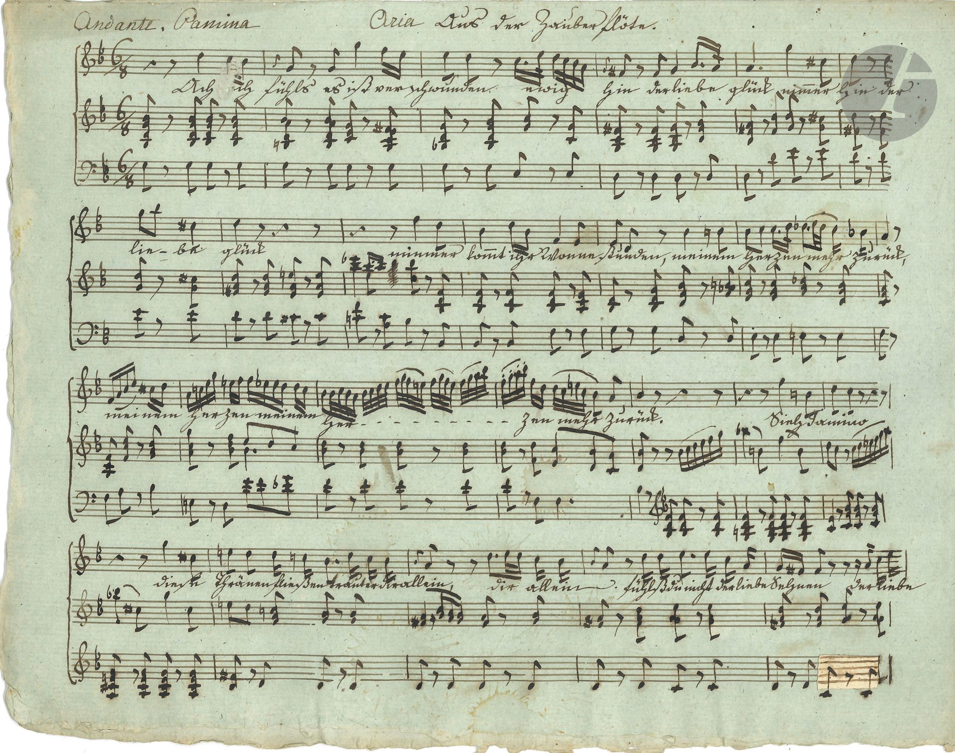 Wolfgang Amadeus MOZART (1756-1791). Manuscrit musical et partition gravée.
Aria aus der Zauberflöte, air de Pamina: «Ach ich fühls»… Manuscrit pour chant et piano, fin XVIIIe s., 2 pages oblong in-4 sur papier bleuté, avec petite correction par collette.
Douze Valzes et Anglaises Pour le Forte Piano (Sieber fils [1799, pl. 41]; 9 pp [Gribenski, 18-22]); oblong in-4, le nom de l’éditeur recouvert par une étiquette d’Imbault.
On joint le ms d’une aria avec orchestre de Gluck tirée de l’opéra Die Pilgrime von Mekka (11 p. obl. in-8); plus un autre ms d’Aria avec orchestre «Ah per te l’amato bene»… (19p. obl. in-8).