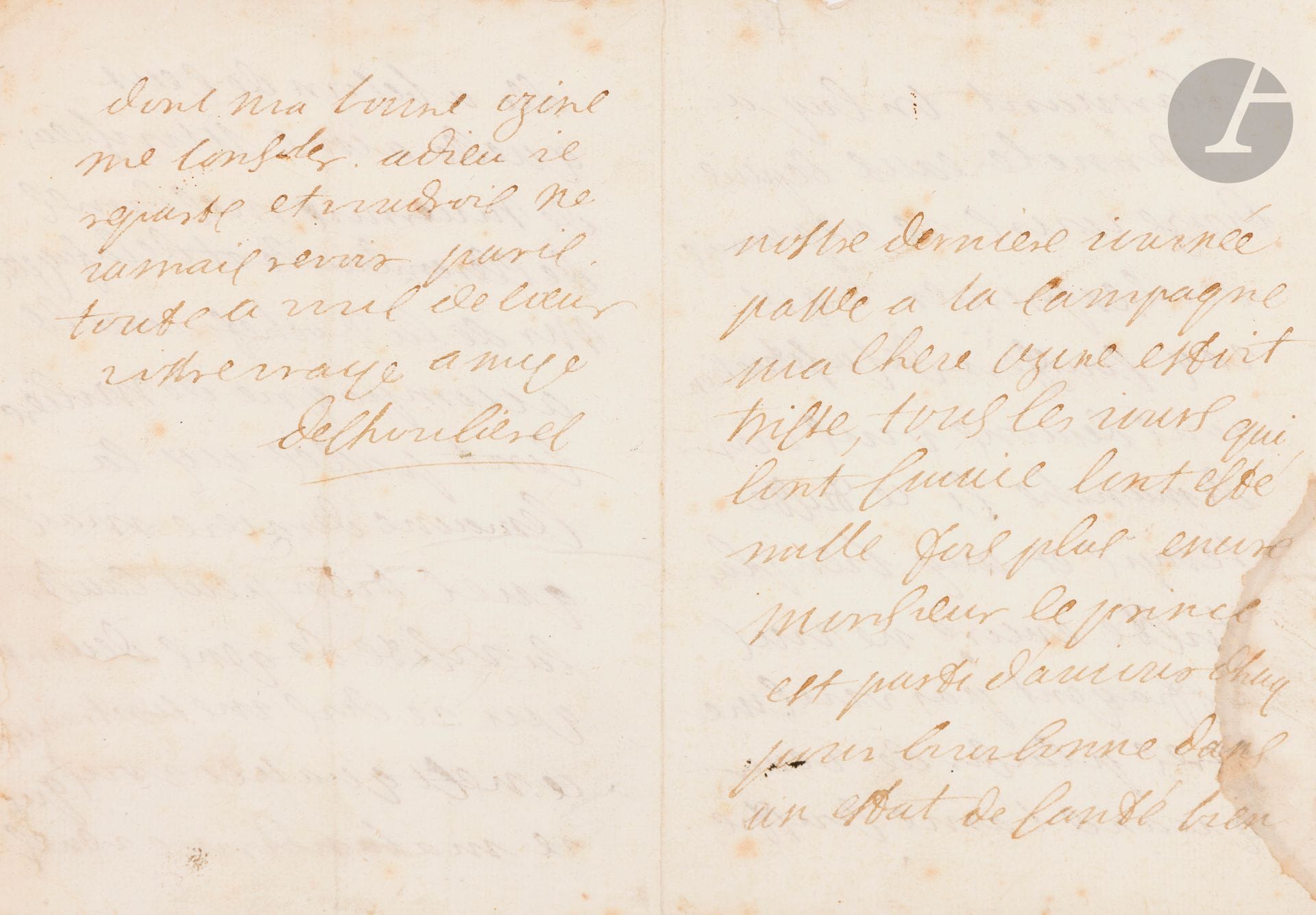 Antoinette du Ligier de La Garde, Madame DES HOULIÈRES (1638-1694). L.A.S. «Deshoulieres» à son amie «Ozine»; 3 pages et demie in-8 (mouillure dans une marge).
Rare lettre de cette poétesse parlant de MOLIÈRE; témoignage inédit, inconnu de G. Mongrédien et de M. Jurgens.
«Nostre derniere journée passée a la campagne ma chere Ozine estoit triste, tous les jours qui lont suivie lont esté mille fois plus encore». Le prince [Condé?] est parti aux eaux de Bourbonne «dans un estat de santé bien alarmant [...] je ne puis vous exprimer ce que jay souffert de sa situation». Elle espère que son amie viendra la voir, «si ce triste temps et moy bien plus triste encore ne vous effrayent pas [...] quand l’ame souffre elle a besoin de ceux quelle aime. Monsieur de Nivernois, Mesdames de Clerembault et de lafayette Mr de la Rochefoucauld accompagné de Moliere sont passés icy la semaine dernière, mais quel bien peut causer la visite de gens devant qui je dois me contraindre ce nest qu’avec vous que je mabandonne venez donc ma bonne ozine me consoler. Adieu je reparts et voudrois ne jamais revoir paris»...
Ancienne collection André Saudemont (II, 30 octobre 1981, n° 318).