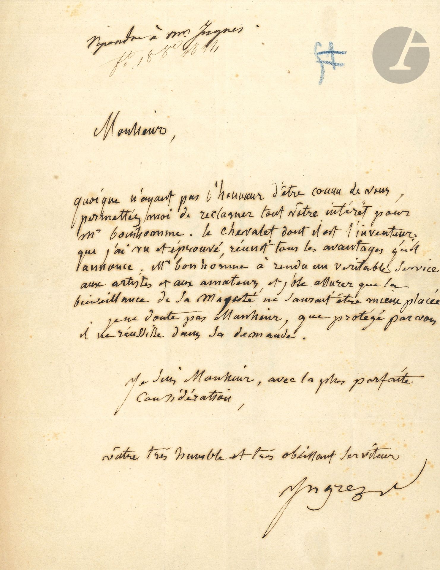 Jean-Dominique INGRES (1780-1867). L.A.S., [octobre 1834], à Nicolas Oudard, «secrétaire des Commandemens de la Reine»; 1 page in-4, adresse.
Il recommande M. Bonhomme. «Le chevalet dont il est l’inventeur, que j’ai vu et éprouvé, réunit tous les avantages qu’il annonce; Mr Bonhomme a rendu un véritable service aux artistes et aux amateurs, et j’ose assurer que la bienveillance de Sa Majesté ne saurait être mieux placée»…