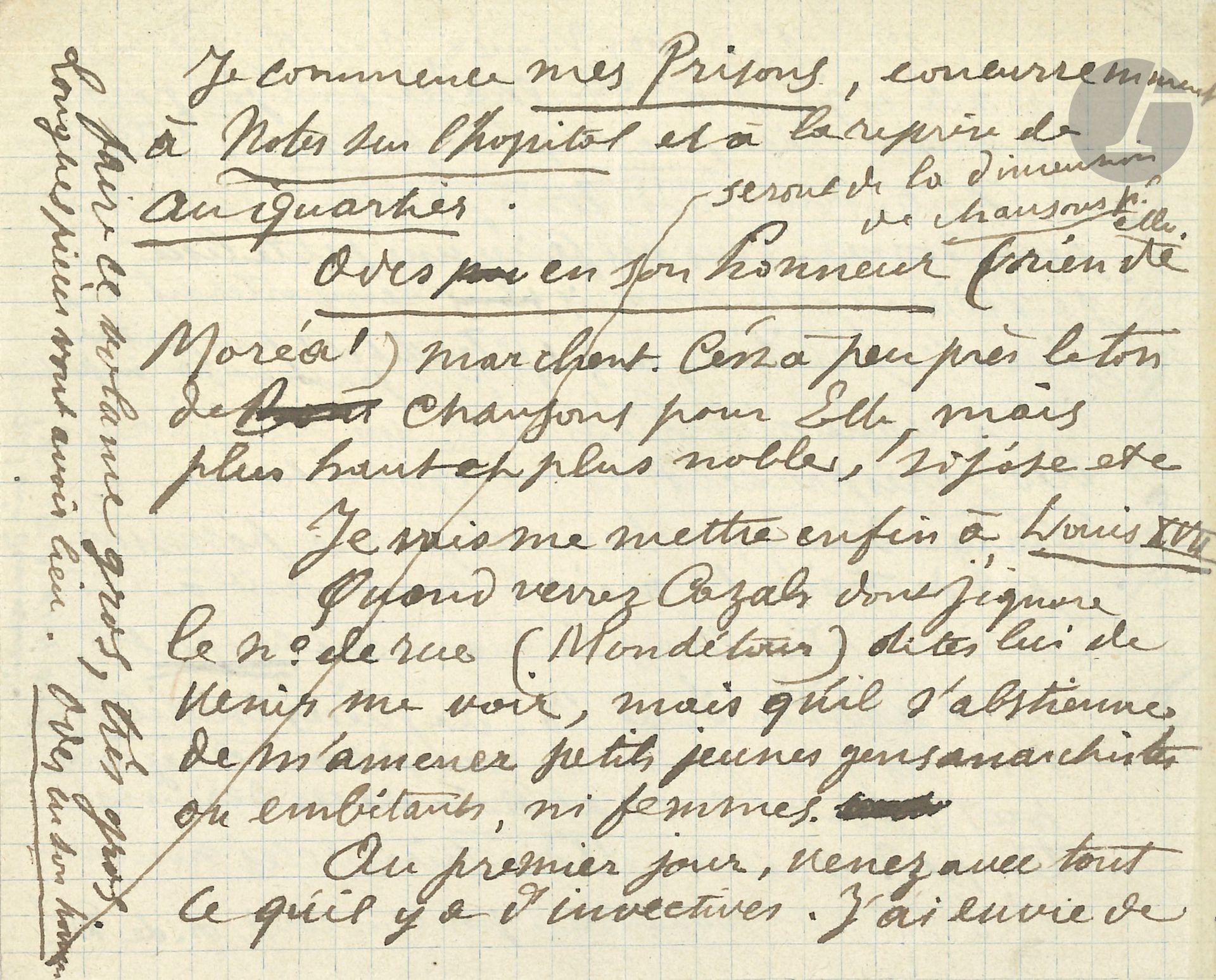 Paul VERLAINE. L.A.S. "P.V.", Thursday 12 [1892], to Léon Vanier; 2pages oblong in-12.
Sends an article to be forwarded to Tailhade and requests "several copies of Hôpitaux pour donner". As for Dédicaces, Savine will have to tear the manuscript from his hands: "Besides, the complete manuscript with the addition of a 20th of unpublished pieces will be the easiest to reconstitute. First of all, do you have the Chat Noir of late? Then the dedicatees of these new "masterpieces" are here - for a change, n. de D.! I begin my Prisons, concurrently with Notes sur l'hôpital and the revival of Au Quartier. Odes in his honor (nothing by Moréas) are going well. It's more or less the same tone as Chansons pour Elle, but higher and nobler, if I may say so, and so on. I'm going to get into Louis XVII at last"... He'd like to see Cazals, "but don't let him bring me any anarchist or annoying young men, or women. On the first day, come with all your invective. I want to make this volume big, very big. Long pieces will be linked. Odes in her honor will be the size of Chansons pour Elle"...
