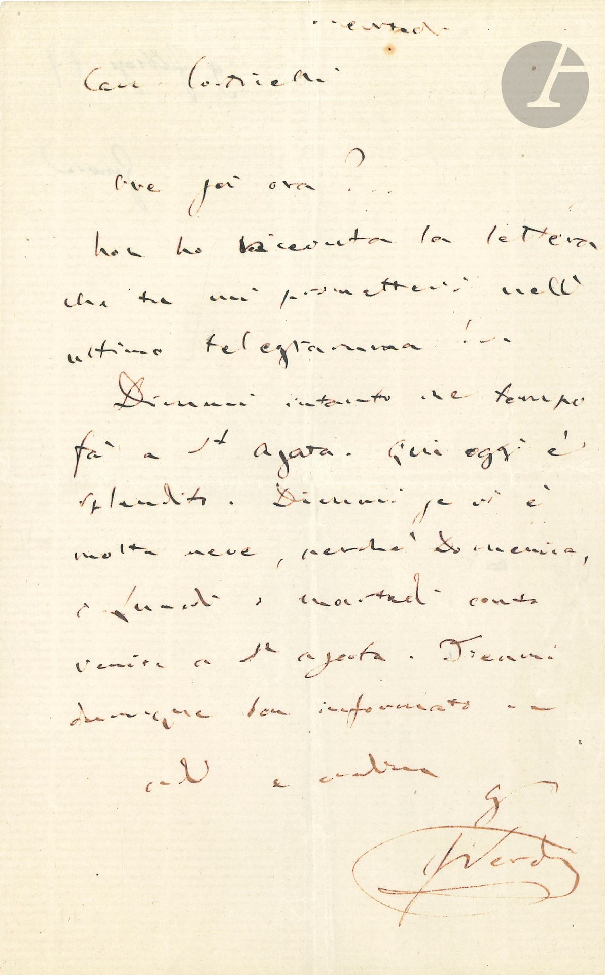 Giuseppe VERDI (1813-1901). L.A.S., [Gênes 9 février 1877], à Mauro Corticelli; 1page in-8; en italien.
Il s’inquiète de ne pas avoir de nouvelles de Corticelli (vieil ami de Giuseppina Verdi et impresario, qui a porté la date au dos de la lettre). Il lui demande quel temps il fait s’il y a de la neige, car il compte venir dimanche, lundi et mardi à Sant’Agata.
«Dove sei ora? Non ho ricevuta la lettera che tu mi promettevi nell’ultimo telegramma! Dimmi intanto che tempo fà a St. Agata. Qui oggi è splendido. Dimmi se vi è molta neve, perché domenica, lundi, martedi conto venire a St. Agata.Tienimi dunque ben informato»..
On joint une photographie par Disderi (format carte de visite).