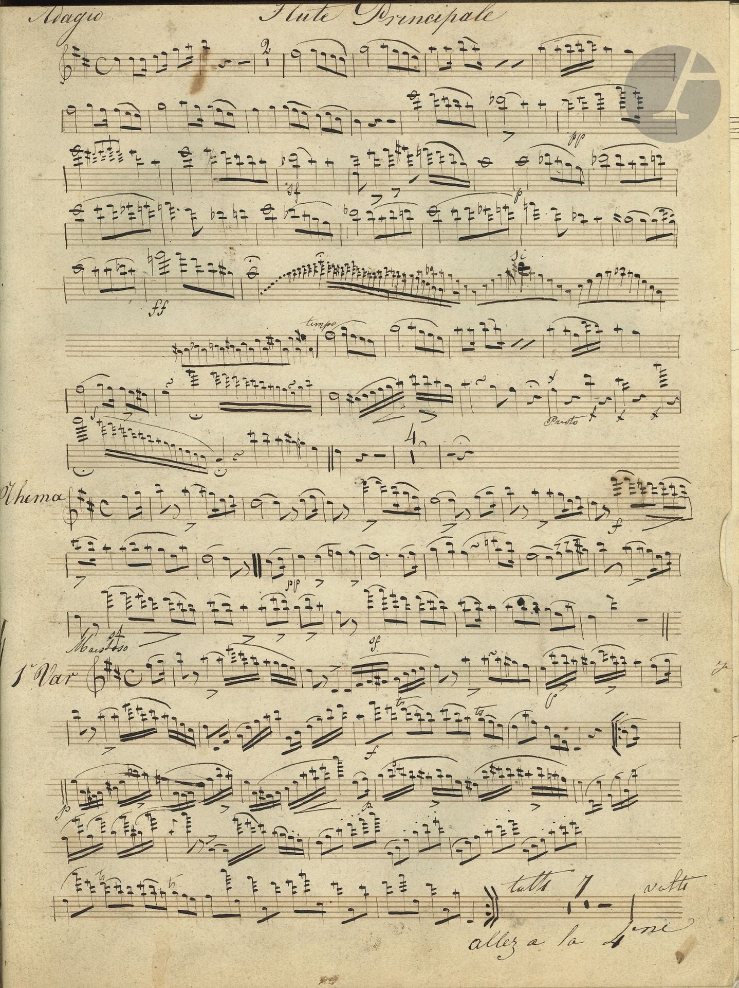 Jules DEMEUR (1814-1882). 2 autograph musical manuscripts in a collection of 6 printed scores for flute; folio, contemporary binding in green half-basin with green long-grain morocco on the upper cover, framed with gilded palmettes and the name J. DEMEUR in gilded letters (worn binding).
The Belgian flautist Jules Demeur taught flute at the Royal Conservatory in Brussels, where he was principal flute at the Royal Opera for a time; in 1847, he married the singer Anne Charton (1824-1892), and from then on followed the brilliant career of his wife, Mme Charton-Demeur. Around 1840, he published two opuses with Lahou in Brussels: a Fantaisie et variations pour la flûte sur des motifs favoris de La Figurante by Clapisson, and a Fantaisie pour la flûte sur des motifs de La Somnambule by Bellini.
The collection includes six printed scores. Louis Drouet: Ma Fanchette est charmante, op.21 no.7 (with signatures of editors Terry and Simon Richault), the first 3 of his Cent Études op.31, Robin Adair op.29 (solo flute part); Jean-Louis Tulou, Concerto op.25 no.4 (solo flute part); Charles Nicholson, A Favorite Portuguese Air; T. Bucher, Introduction &amp; Variations on Rossini's Air "Aurora che sorgerai" (flute solo).
Demeur's two manuscripts are the solo flute parts of two fantasias and variations for flute with orchestral accompaniment. They are untitled, but may correspond to the two opuses mentioned above. The first (5pages in-4, on 12-line paper) comprises an introduction and 5 variations. The second (4pages in-fol., on 16-line paper) is marked "Flute Principale"; it begins with an Adagio, followed by the Thema and 6 variations, and ends with a finale.
Provenance: collection of violinist Henri Vieuxtemps.