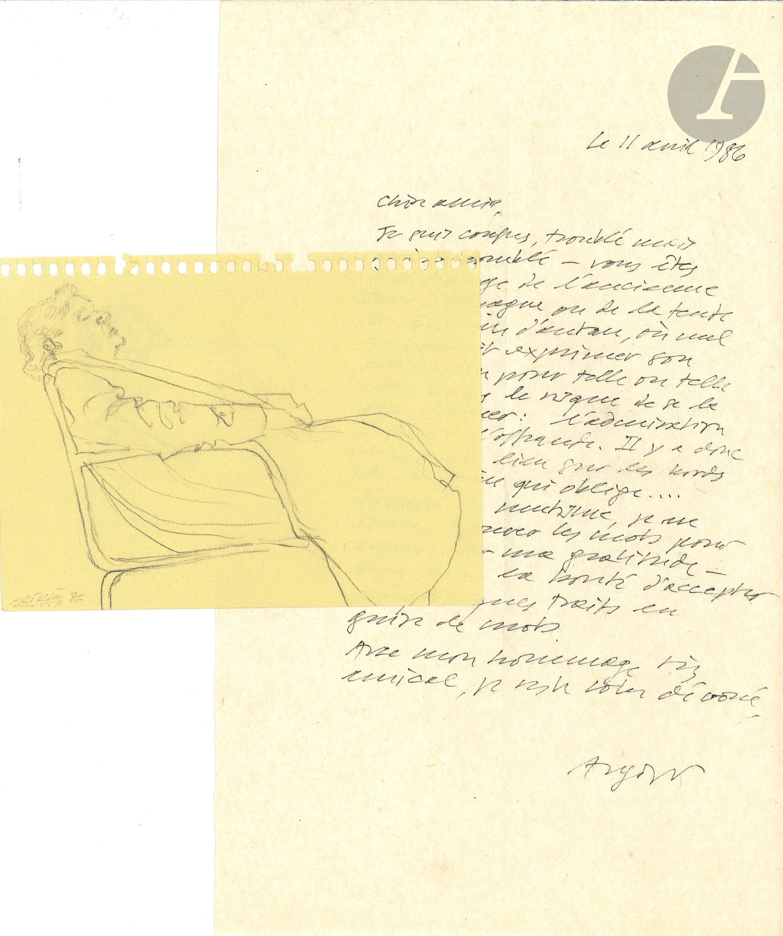 Avigdor ARIKHA (1929-2010). 5 L.A.S., 1984-1989, to Huguette Berès; 1page in-4 and 4 postcards, envelopes and address.
Friendly correspondence to the gallery owner: greetings, thanks for catalogs ("splendid Utamaro"), memories of Japan... April 11, 1986: "you are in the image of the old Spanish Court or the Bedouin's tent of yesteryear, where no one could express his admiration for this or that without the risk of having it given to him: admiration invited offering"... He sends her "a few strokes by way of words". Drawing enclosed: notebook sheet (11x15cm), with graphite drawing of a sleeper in an armchair, signed lower left and dated "86"; sketch on the back.