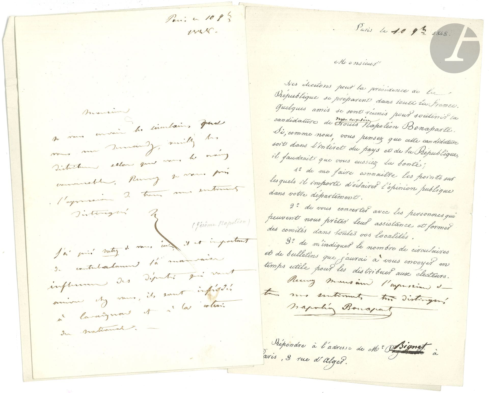 Napoléon BONAPARTE, Prince NAPOLÉON (1822-1891). L.A.S. et 6 L.S., certaines avec ajouts autographes, Paris, 24 octobre-25 novembre 1848, à Victor Grandjean, à Alteville près Dieuze; 7 pages in-8, 4 enveloppes.
Campagne pour l’élection à la présidence de la République de son cousin Louis-Napoléon.
Il envoie à Grandjean des circulaires à distribuer dans son district: «J’ai prié Vatry de vous écrire; il est important de contrebalancer l’influence des députés qui sont arrivés chez vous; ils sont inféodés à Cavaignac et à la coterie du National»… Il envoie aussi des affiches et des bulletins, et engage Grandjean à «éclairer l’opinion publique» dans son département…
On joint la L.A.S.de Vatry à Grandjean (Toussaint 1848, 4 pages in-8, enveloppe) faisant le portrait du candidat, qu’il connait peu mais qui lui semble avoir le plus de chances et être le plus apte à ce poste: «Il est fort instruit, parle très bien l’anglais, l’italien et l’allemand […] dans les relations extérieures cet avantage et celui de ses alliances de famille peut nous ramener beaucoup d’étrangers bien moins en sureté chez eux que chez nous […] même si nous avons de ces mauvais gouvernements, la France se tirera toujours d’affaire par le bon sens et l’honnêteté des masses »…. – Plus une lettre d’Émile Campagnole, avec le récépissé des Messageries d’un paquet de bulletins pour les élections (1er décembre).