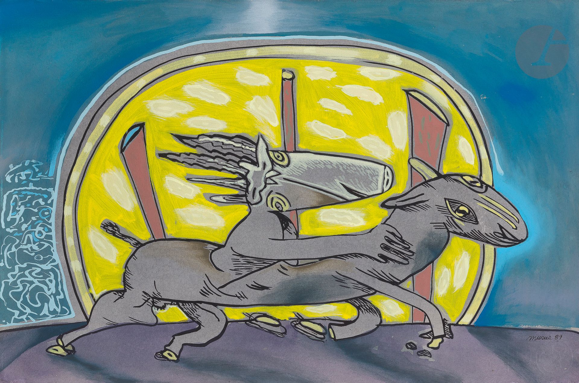 Mario MURUA [Chilean] (b. 1952)
Fantastic animal, 1989
Gouache on paper.
Signed and dated lower right.
37 x 55 cm

Provenance : 
Galerie L'Œil-de-bœuf, Paris (stamp on back)
.