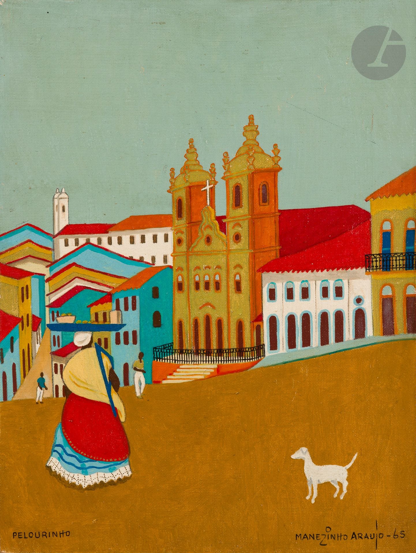 Manezinho ARAUJO [brésilien] (1910-1994)
Rue animée à Pelourinho, 1965
Huile sur toile.
Signée et datée en bas à droite.
Située en bas à gauche.
36 x 37 cm
