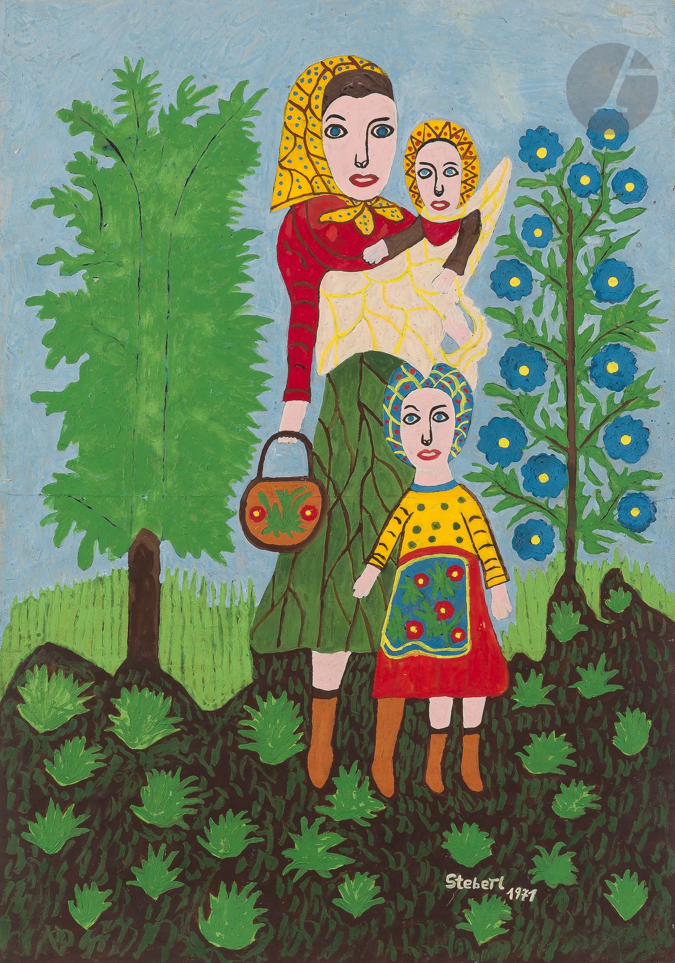 Ondrej STEBERL [tchèque] (1897-1977)
La Famille, 1971
Acrylique sur papier.
Signée et datée en bas à droite.
64 x 44,5 cm