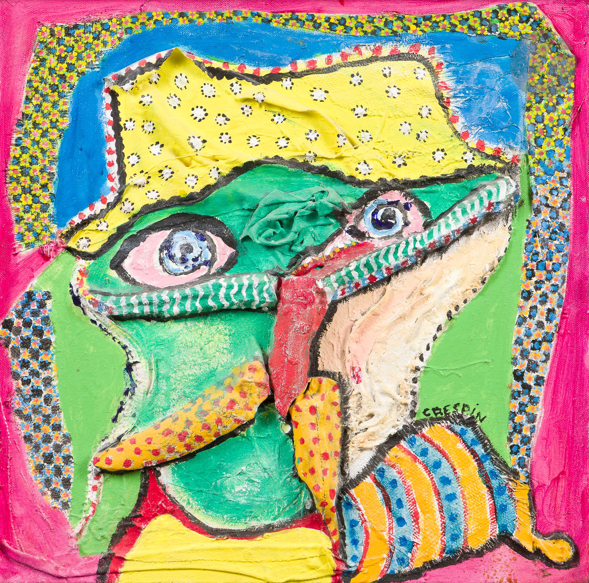 Joël CRESPIN (né en 1956)
Personnage-visage
Peinture et collage de toiles en relief sur toile.
Signée sur la droite.
50 x 50 cm