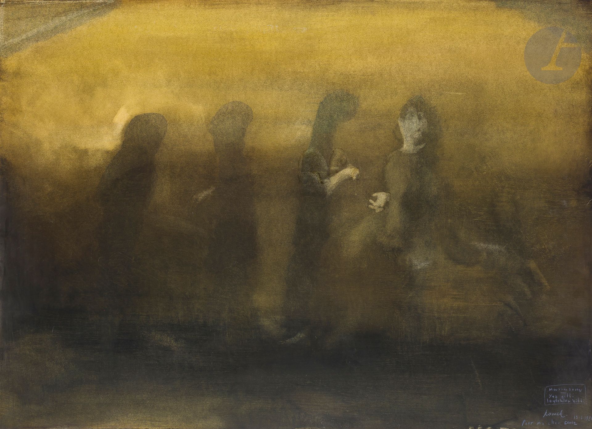 Gürkan COSKUN dit KOMET [Turkish] (1941-2022)
Yaz gitti leylekler bitti [Summer is over, the storks are gone], 1981
Mixed media on paper.
Signed, dated, titled and dedicated "Pour ma chère Cérès" lower right.
(Small tear and missing lower left corner).
75 x 105 cm