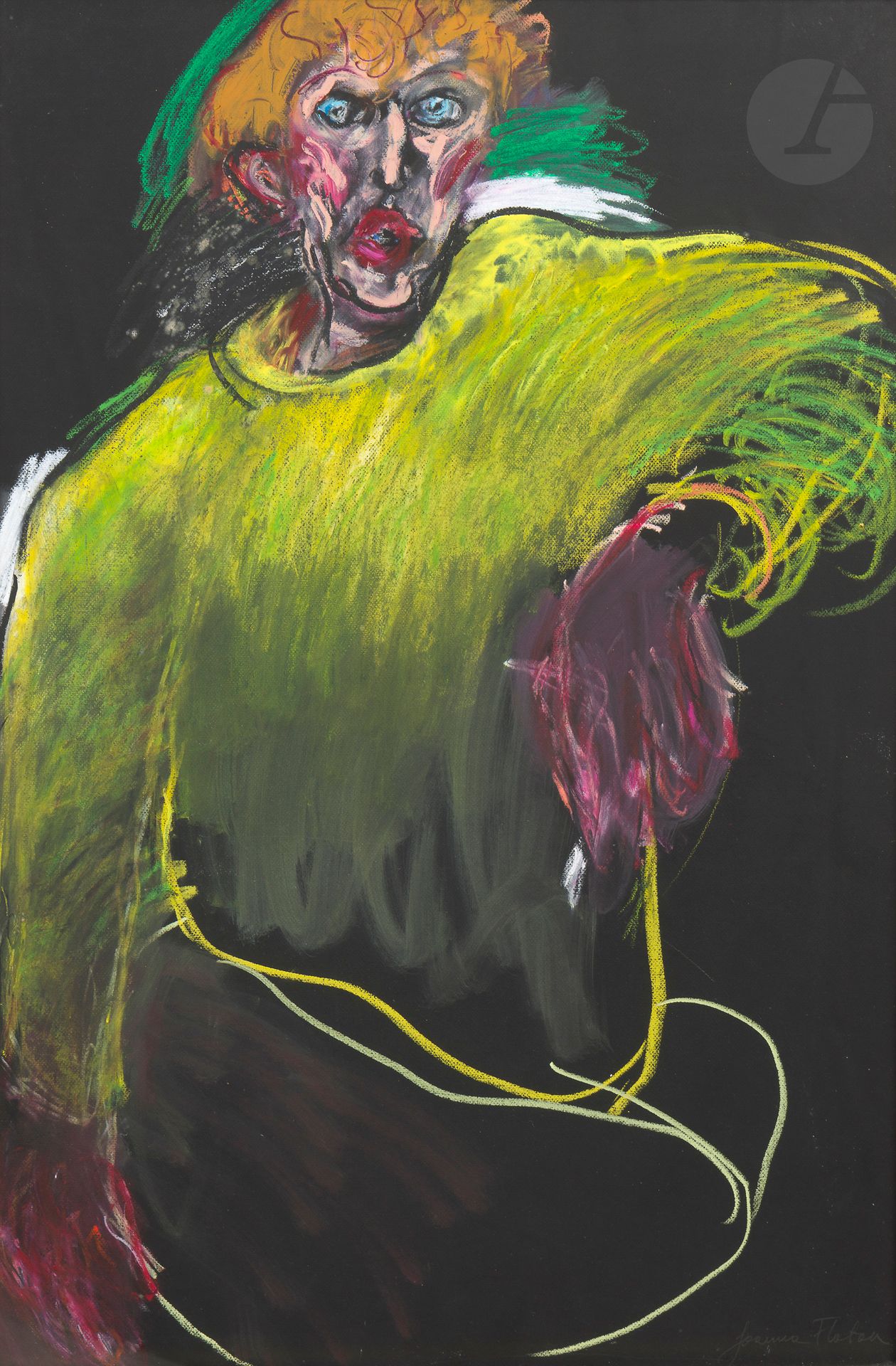 Joanna FLATAU [polonaise] (née en 1943)
Portrait de femme accoudée
Pastel sur papier noir.
Signé en bas à droite.
109 x 74 cm

Expositions : 
- En grand format, exposition inaugurale La Coopérative - Musée Cérès Franco, Montolieu, 1er juillet – 31 octobre 2015.
- La Peau et les mots, La Coopérative - Musée Cérès Franco, Montolieu, 1er mai – 31 octobre 2016.
- Féminin plurielles, La Coopérative - Musée Cérès Franco, Montolieu, 16 avril – 31 octobre 2022.