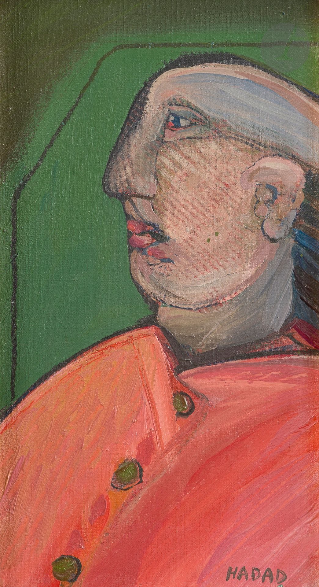 Abraham HADAD [Iraqi] (b. 1937)
Man with red jacket, 1983
Oil on canvas.
Signed lower right.
Dated on the back.
22 x 12 cm