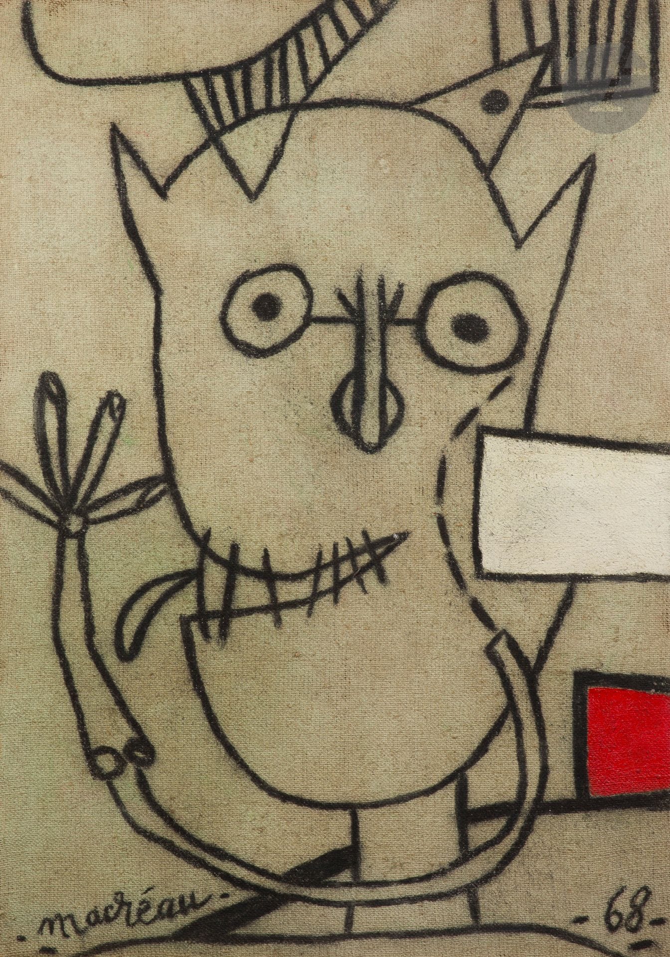 Michel MACRÉAU (1935-1995)
Hommage à Mondrian, 1968
Huile sur toile de jute.
Signée en bas à gauche.
Datée en bas à droite.
116 x 81 cm

Monsieur Jean-Dominique Jacquemond a examiné cette œuvre. Un certificat du Comité Michel Macréau pourra être remis à la demande et à la charge de l’acquéreur.