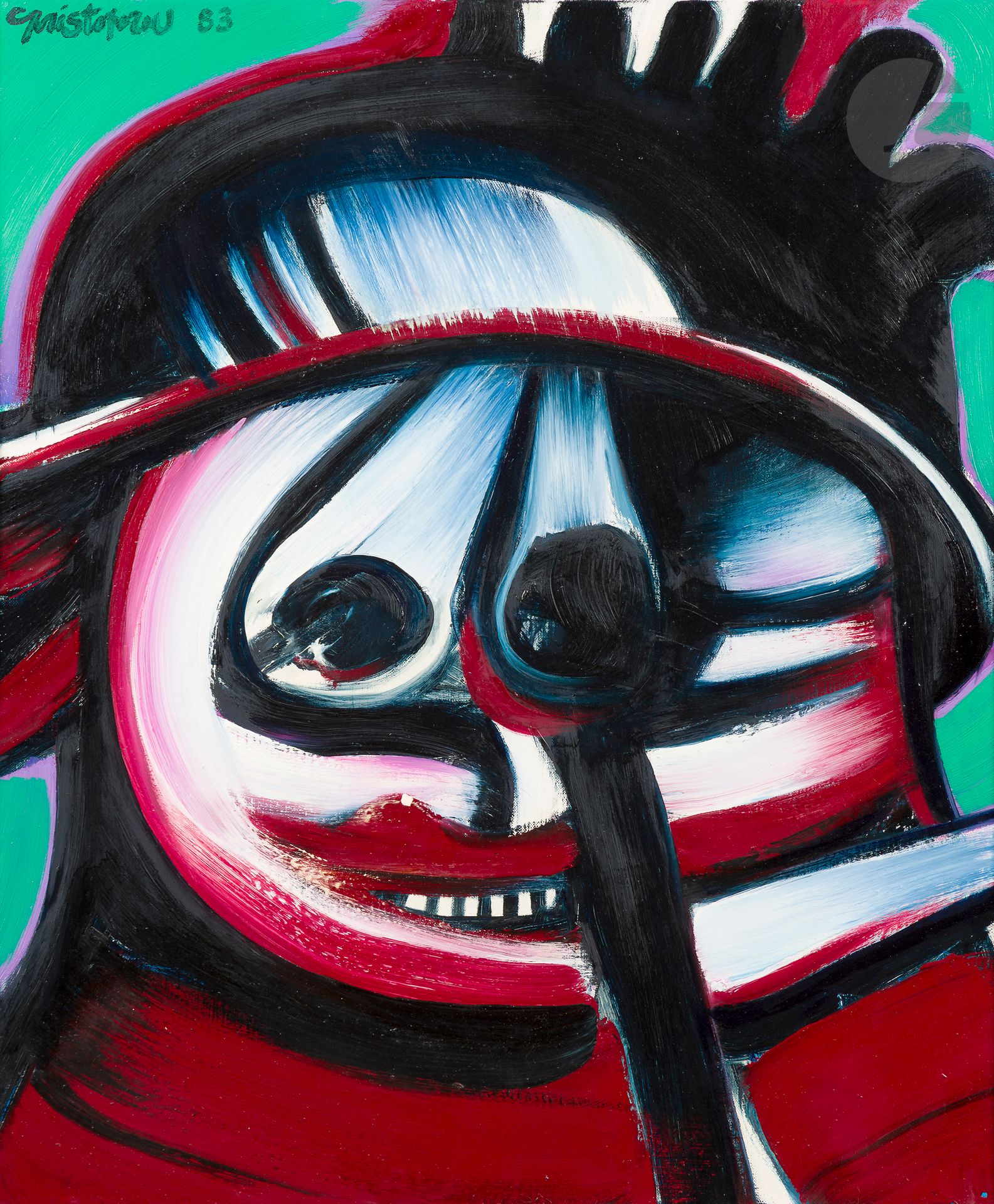 John CHRISTOFOROU [grec] (1921-2014)
Tête, 1983
Huile sur toile.
Signée et datée en haut à gauche.
65 x 54 cm
(Petits manques).

Exposition : 
Les Croqueurs d’étoiles, La Coopérative - Musée Cérès Franco, Montolieu, 20 avril – 3 novembre 2019.