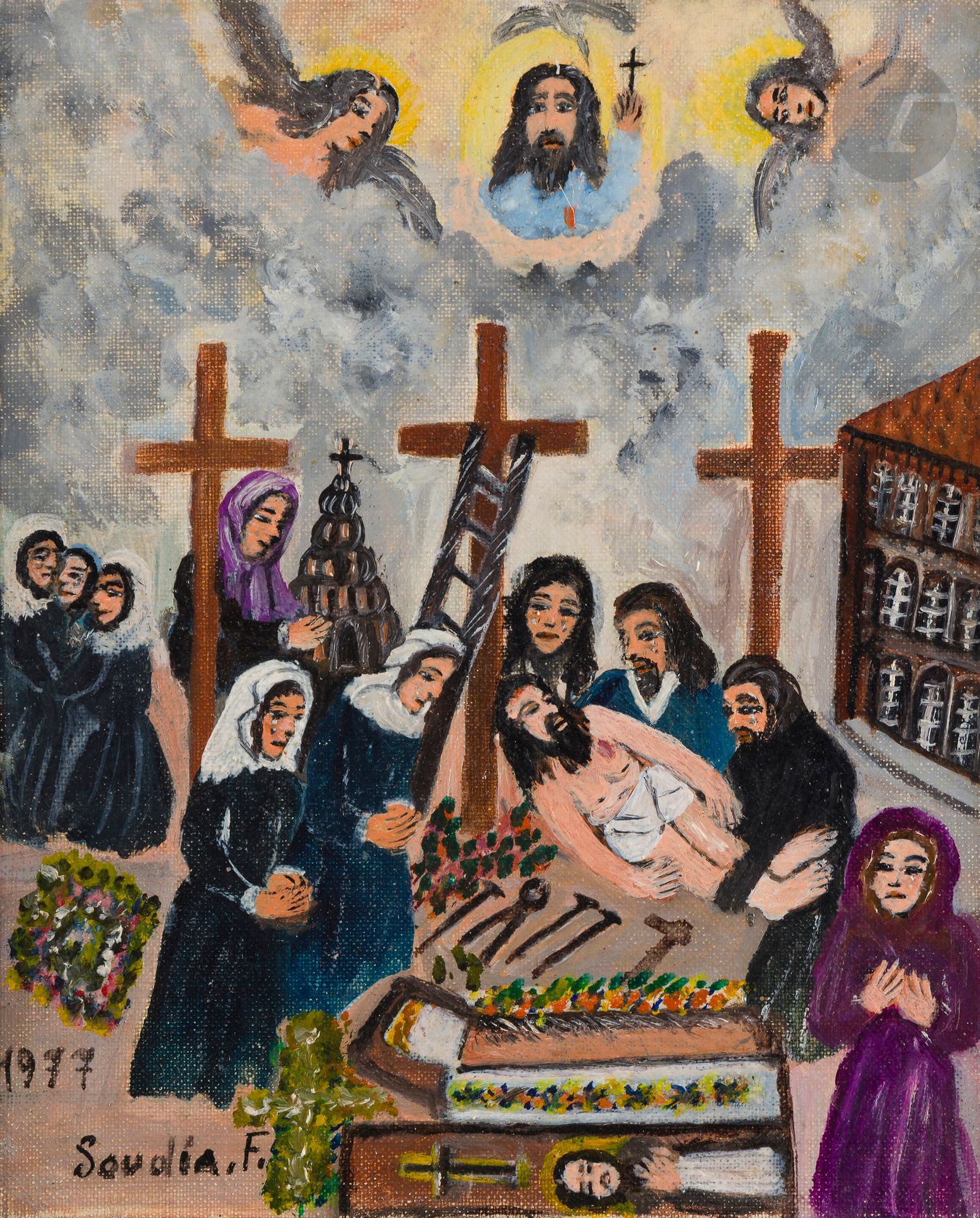 Fevronia SOUDIA [ukrainienne] (1911-?)
Mort de José, 1977
Huile sur toile.
Signée et datée en bas à gauche.
Signée, datée et titrée au dos sur une étiquette.
27 x 22 cm