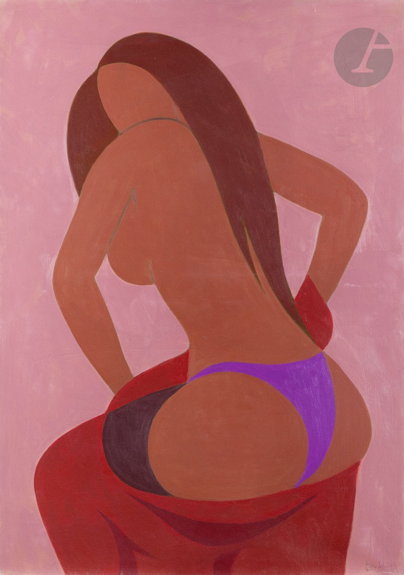 René BEN SUSSAN (1895-1988)
Le Strip-tease de Nanoy, 1976
Huile sur toile.
Timbrée en bas à droite.
Signée au dos.
(Manques).
92 x 65 cm