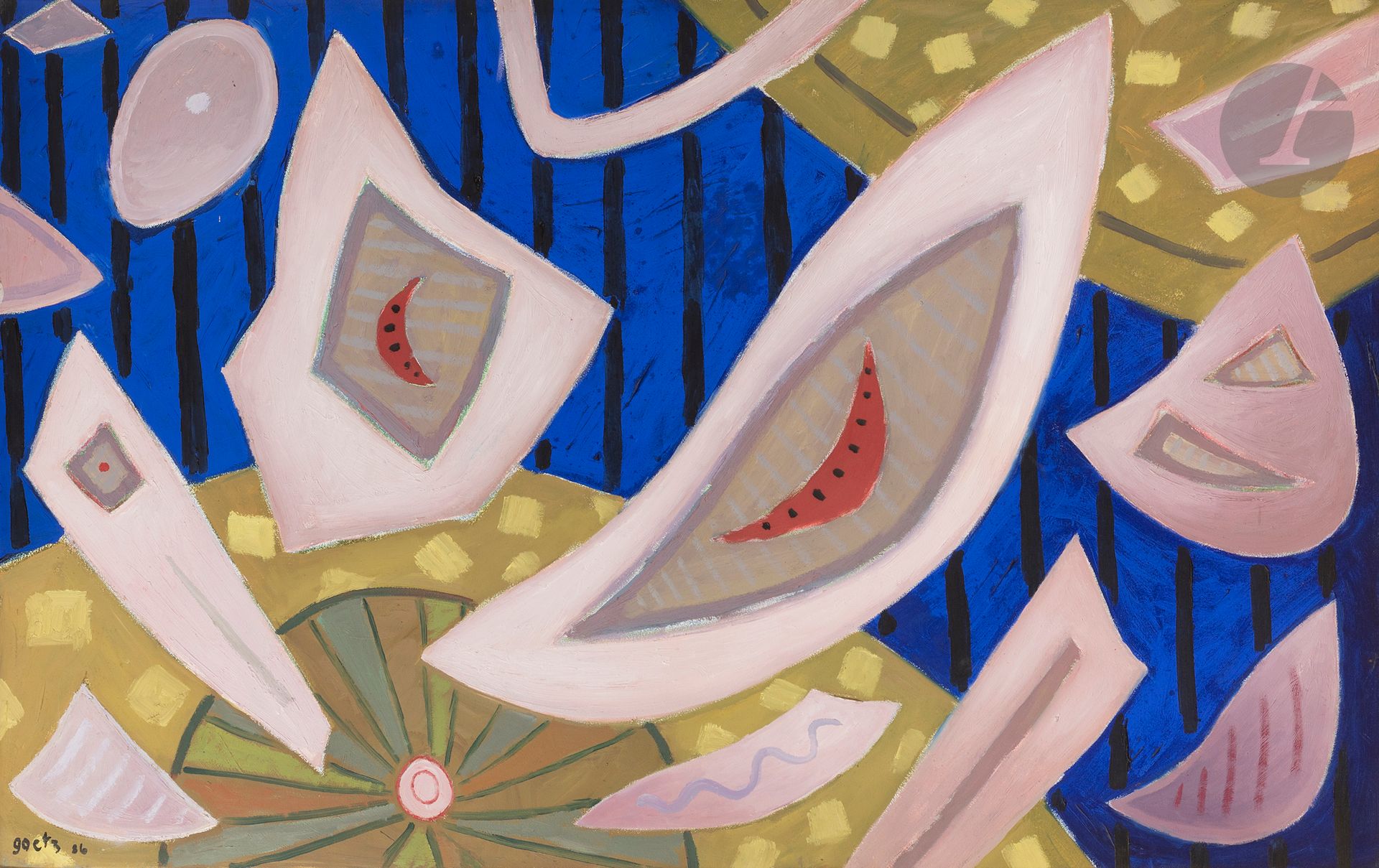 Henri GOETZ [franco-américain] (1909-1989)
Captifs délicats, 1986
Huile sur toile.
Signée et datée en bas à gauche.
Signée, datée et titrée sur le châssis.
65 x 100 cm

Galerie Ariel, Paris (étiquette ajoutée sur le châssis).