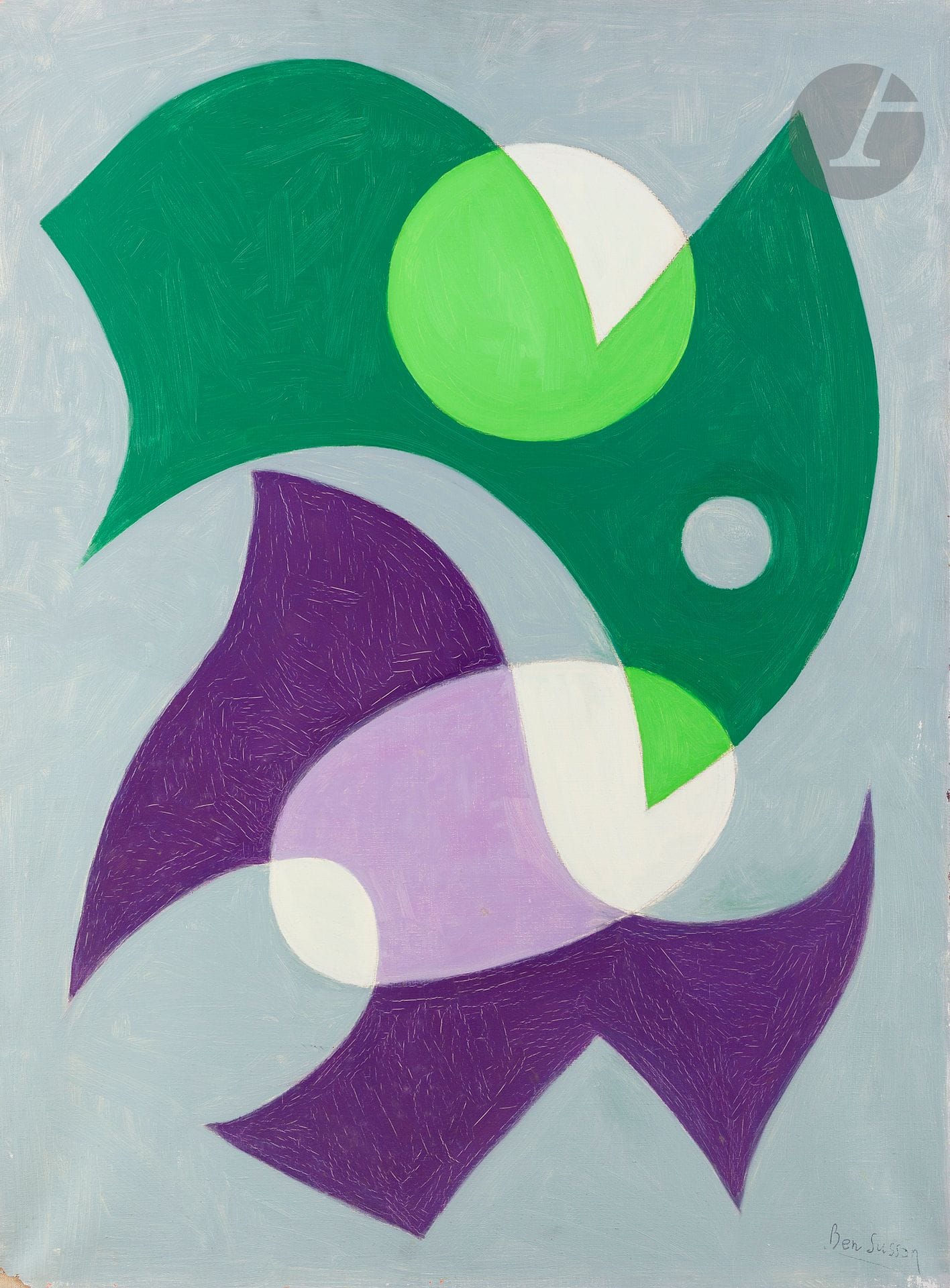 René BEN SUSSAN (1895-1988)
2 Sports sur violet et vert, 1975
Huile sur toile.
Timbrée en bas à droite.
Signée et datée au dos.
81 x 60 cm