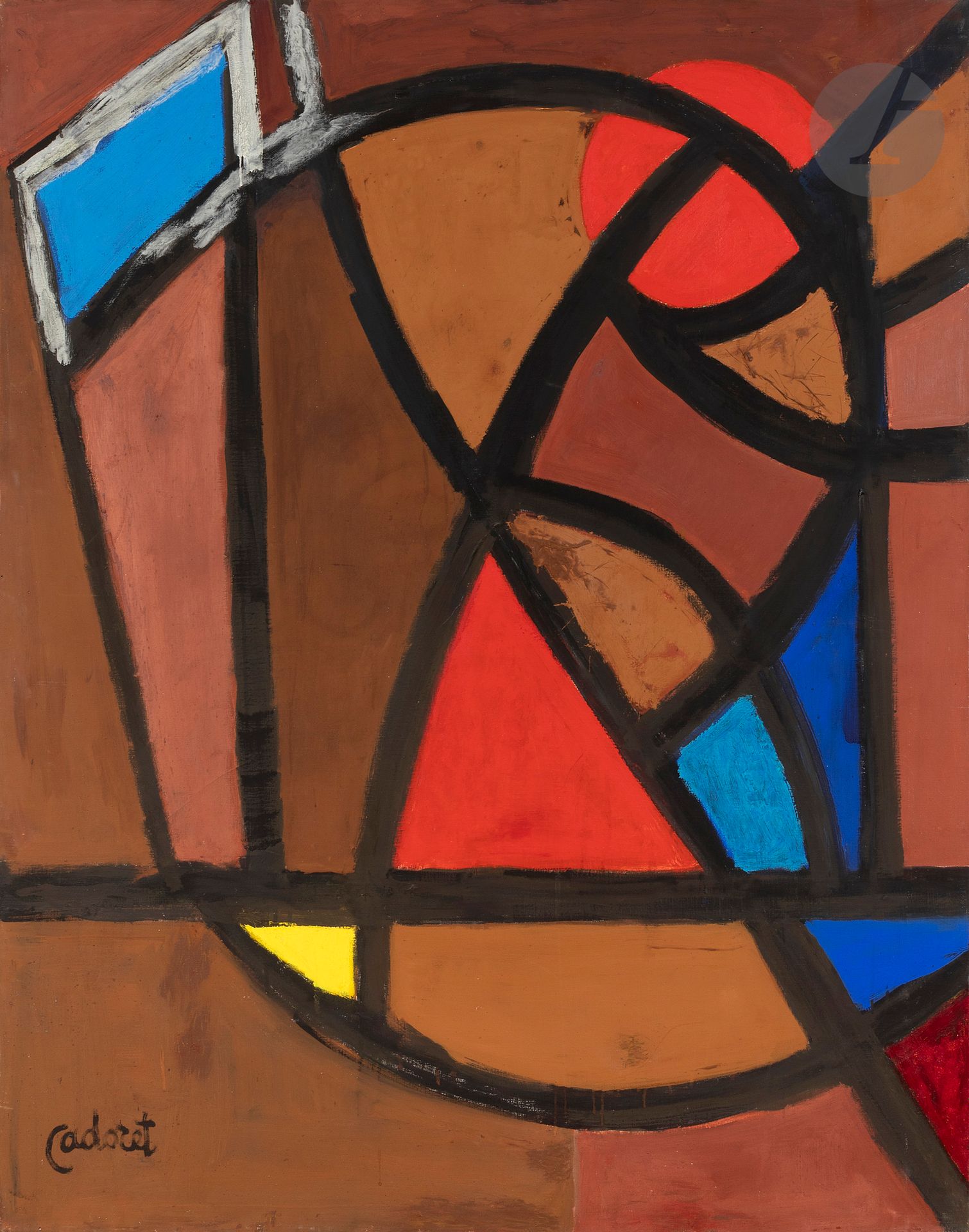 Michel CADORET (1912-1985)
Vitrail, 1959
Huile sur toile.
Signée en bas à gauche.
Datée et titrée au dos sur le châssis.
(Restauration).
146 x 114 cm