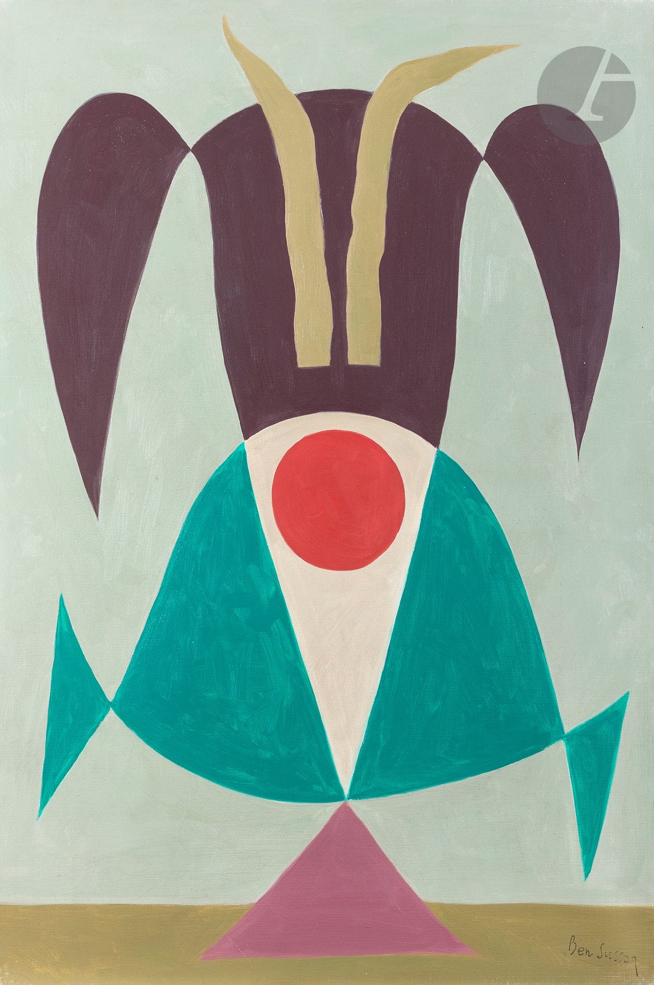 René BEN SUSSAN (1895-1988)
Monsieur P'ale C'éole, 1975
Huile sur toile.
Timbrée en bas à droite.
Signée et datée au dos.
(Manques).
81 x 54 cm