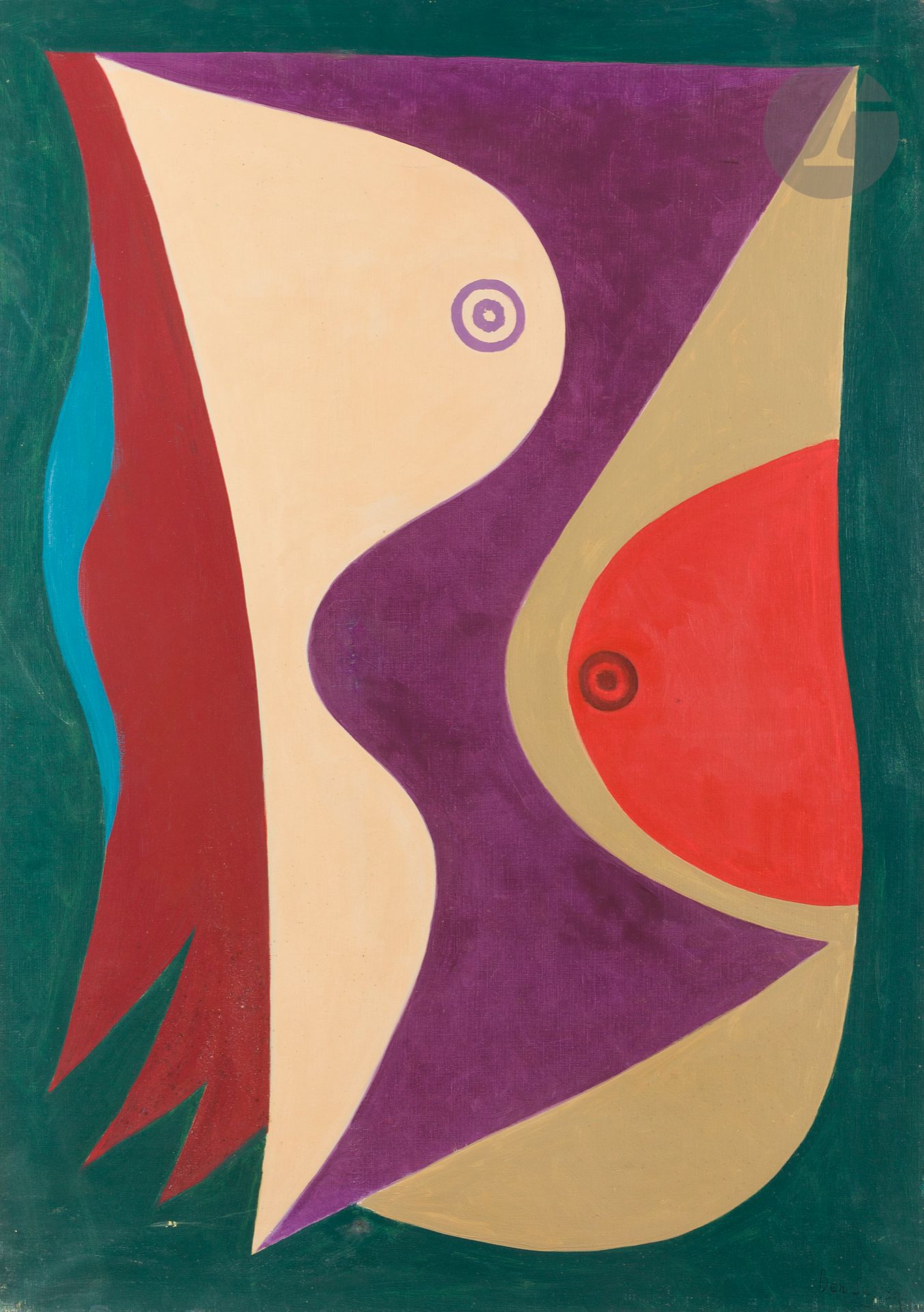 René BEN SUSSAN (1895-1988)
Psappho et Cleis, 1977
Huile sur toile.
Timbrée en bas à droite.
Signée et datée au dos.
(Usures).
92 x 65 cm