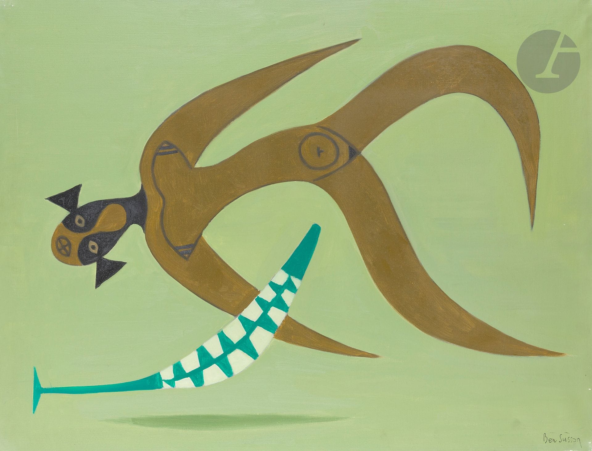 René BEN SUSSAN (1895-1988)
Lac Kivu, 1975
Huile sur toile.
Timbrée en bas à droite.
Signée et datée au dos.
(Manques).
73 x 92 cm