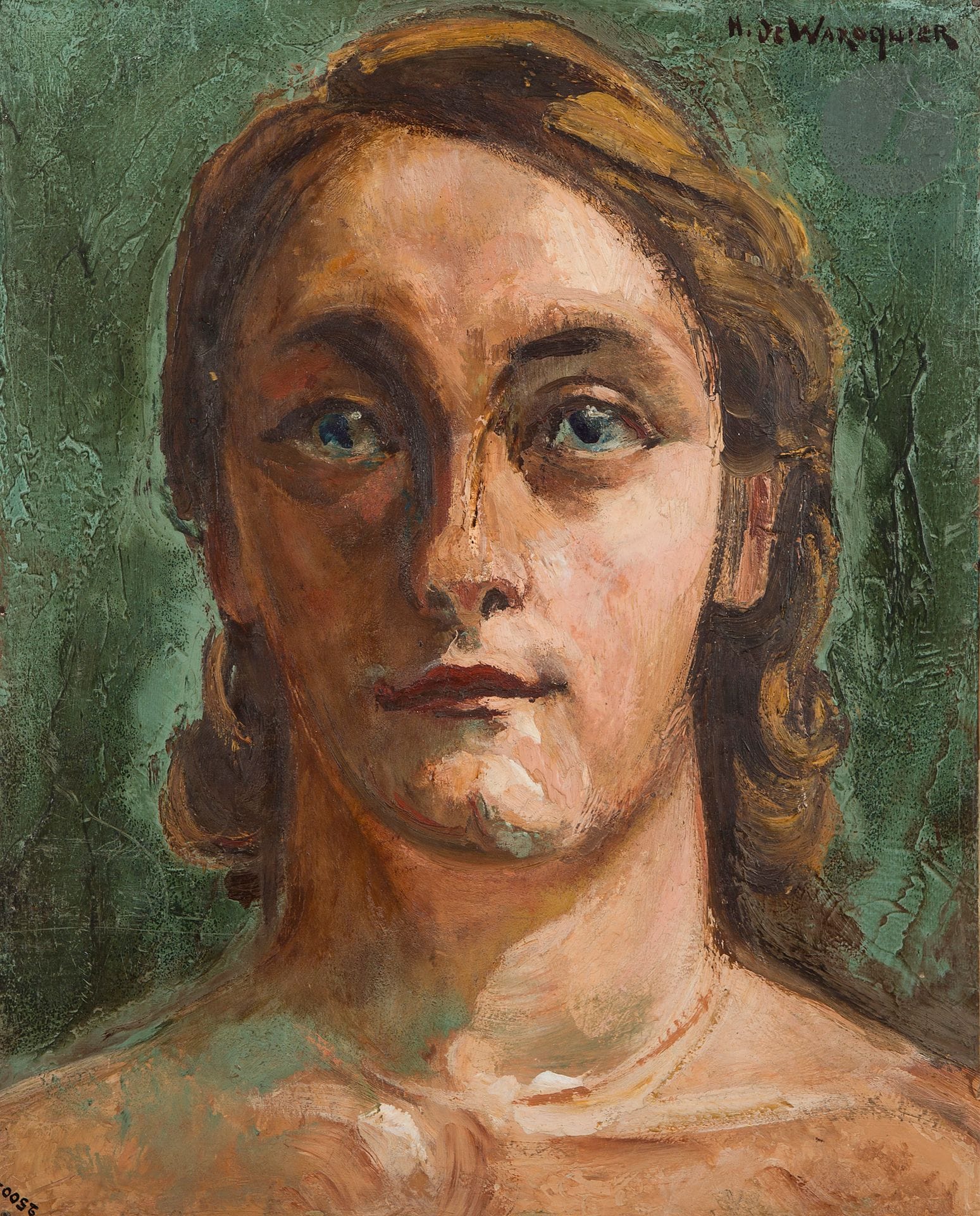 Henry de WAROQUIER (1881-1970)
L'Allemande, 1935
Huile sur panneau.
Signée en haut à droite.
Monogrammée, datée, titrée et numérotée au dos.
41 x 33 cm