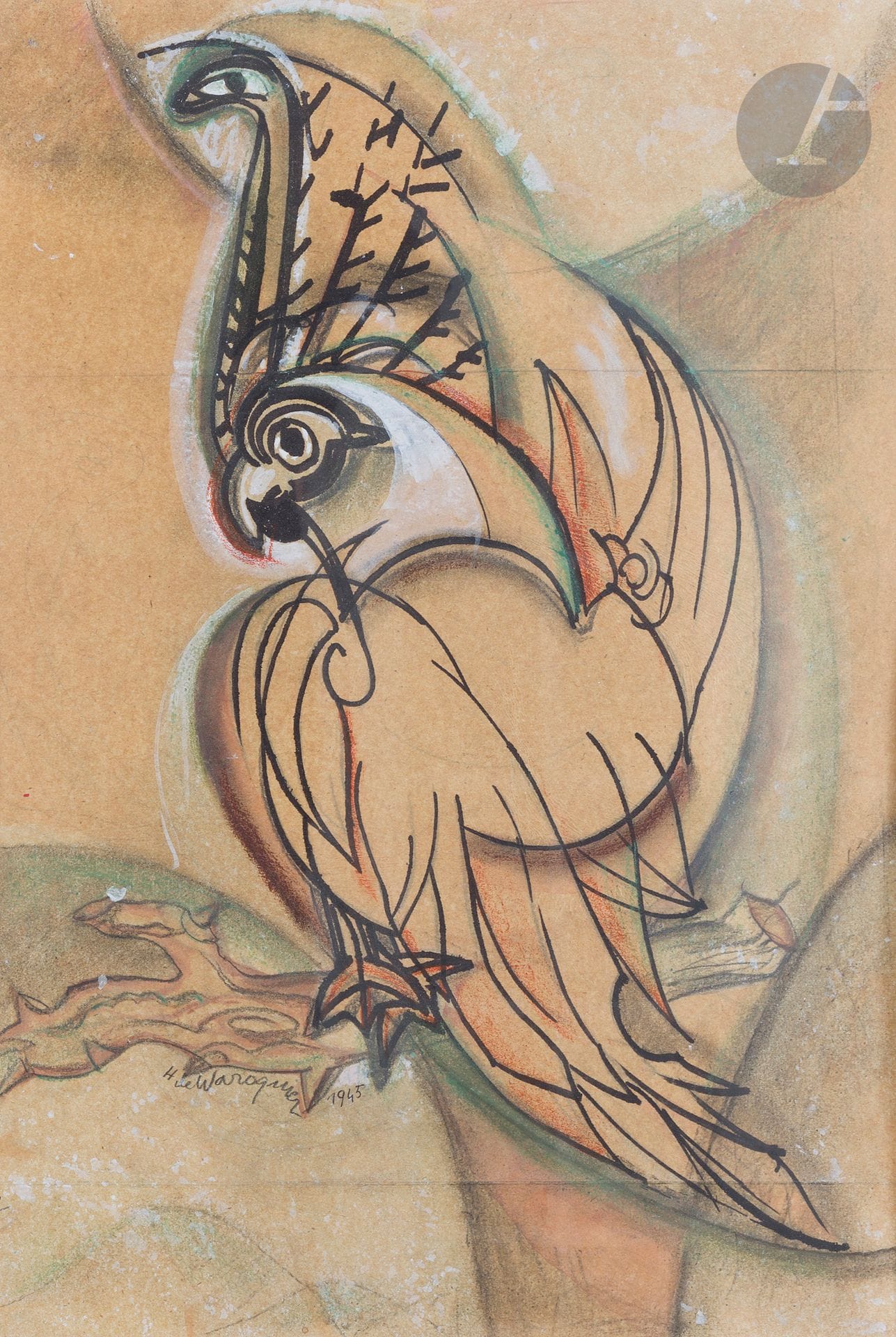 Henry de WAROQUIER (1881-1970)
Perroquet et serpent, 1945
Encre, mine de plomb et aquarelle.
Signée et datée en bas à gauche.
Signée, datée et titrée au dos.
61 x 42,5 cm