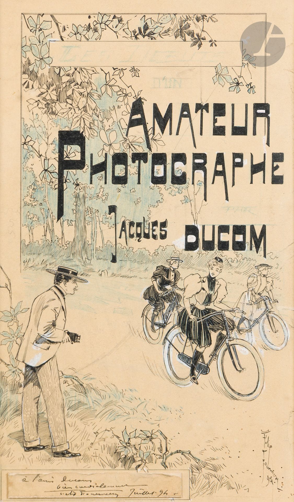 Félix FOURNERY (1865-1938)
Amateur photographer, 1894
Ink, blue pencil and white gouache highlights.
Signed and dated lower right.
Captioned in the composition.
26.5 x 15.5 cm