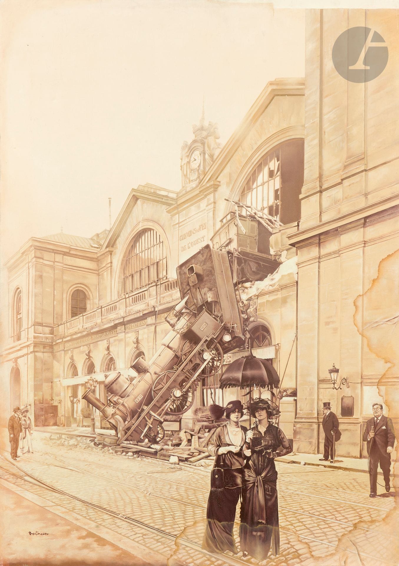 Georges VOINESCO (1918-1999)
L’Accident de la gare Montparnasse
Huile sur toile.
Signée en bas à gauche.
92 x 65 cm