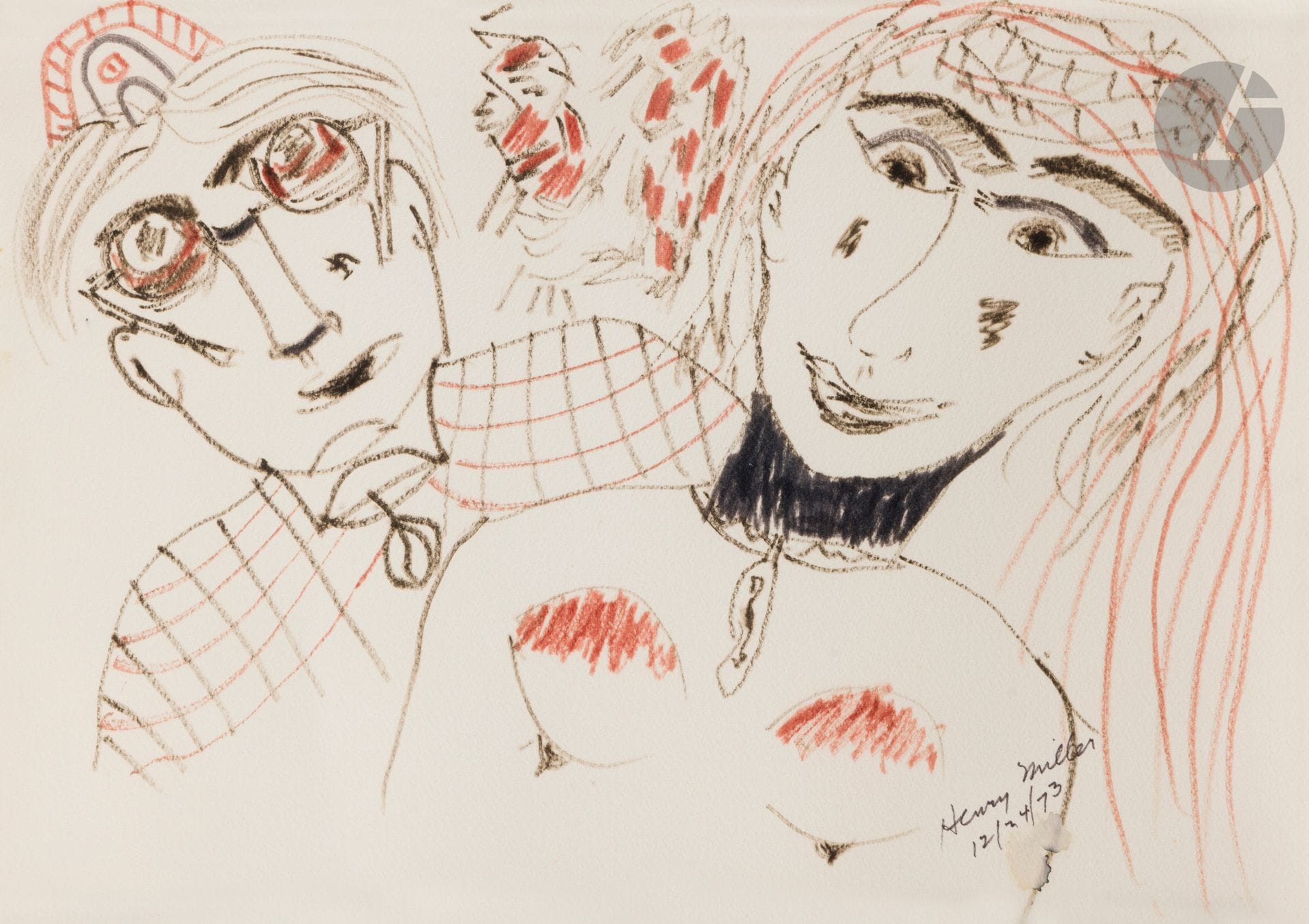 Henry MILLER (1891-1980)
Couple, 1973
Feutres de couleur.
Signé et daté en bas à droite.
29,5 x 40 cm

Expositions :
- Henri Miller, Acquerelli. Dipingere è amare di nuovo, Pistoia, Museo Mariono Marini, Palazzo del Tau, , décembre 1999 – janvier 2000, Firenze, Polistampa, 1999, catalogue, reproduit p. 49.
- L’écrit, le signe : autour de quelques dessins d’écrivains, Paris, Bibliothèque publique d’Information, 23 octobre 1991 – 20 janvier 1992, Paris, Éditions du Centre Georges Pompidou, 1991, catalogue reproduit p. 195.

Bibliographie :
- Dessins d’écrivains, Paris, Éditions du Chêne, 2003, reproduit p. 129.
- Serge Fauchereau, Peintures et dessins d’écrivains, Paris, Éditions Belfond, 1991, reproduit p. 195.