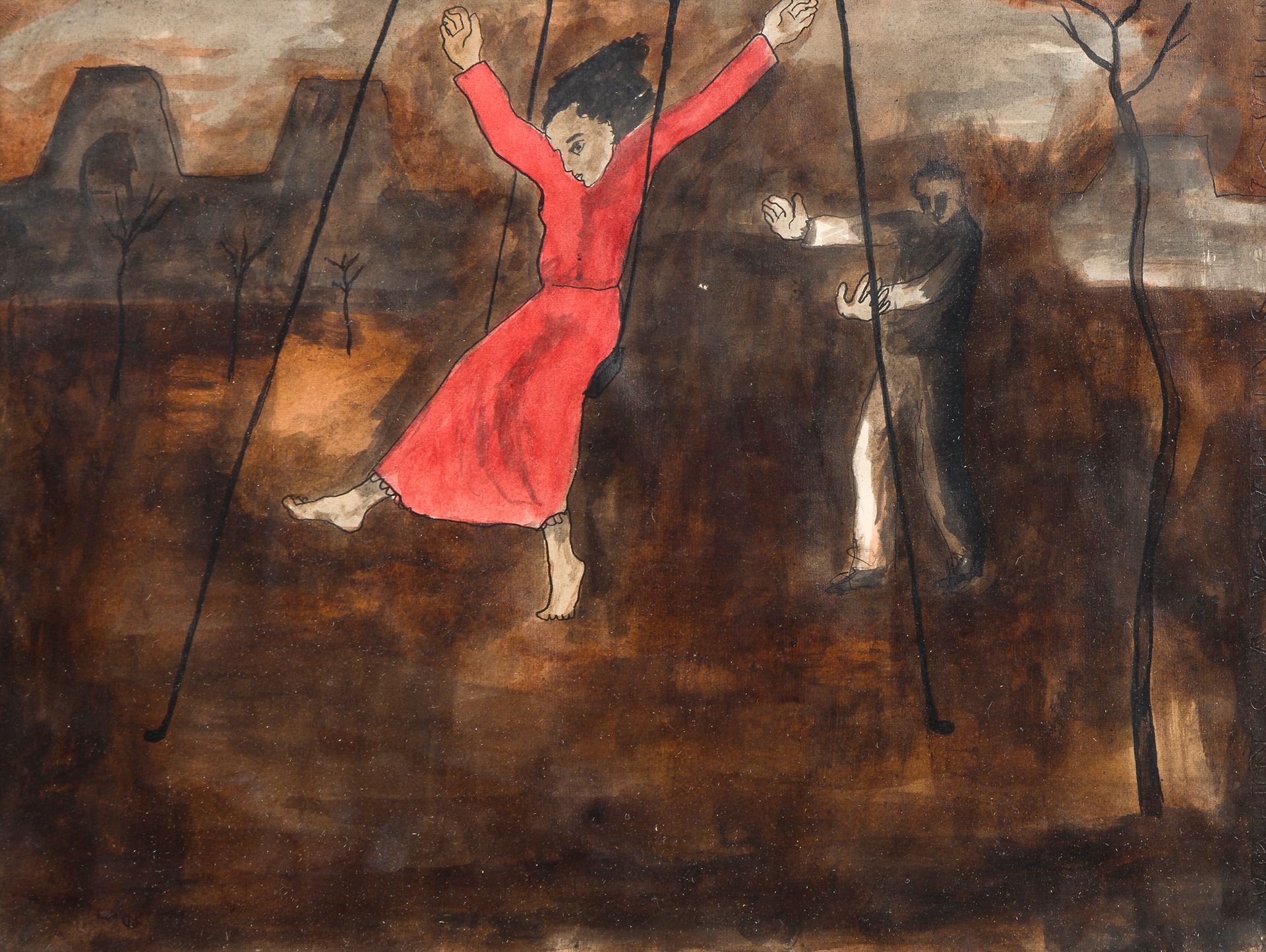 Roland TOPOR (1938-1997)
The swing
Ink and watercolor.
Signed lower left.
22 x 30 cm