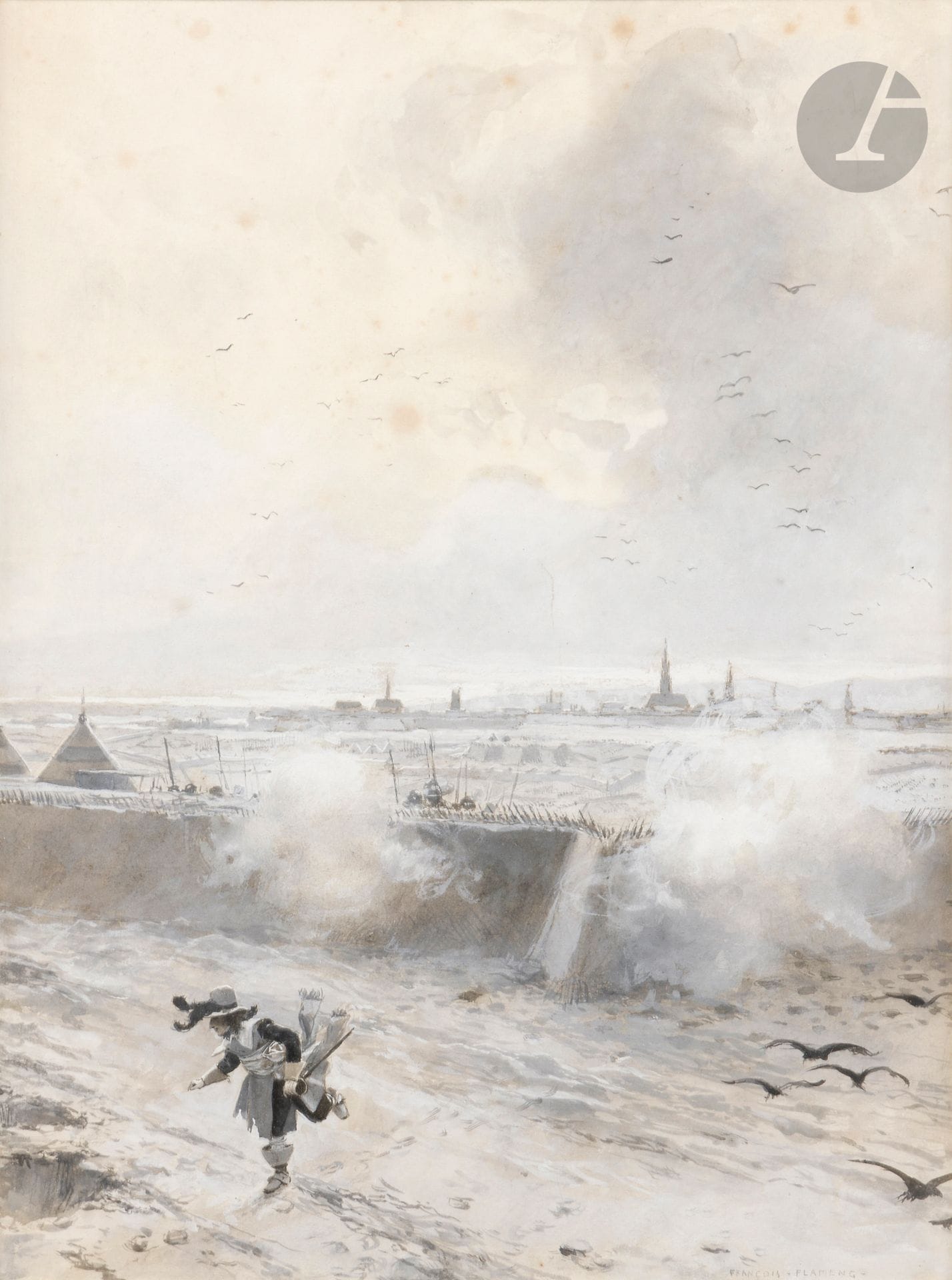 François FLAMENG (1856-1923)
Le Siège d’Arras
Encre et gouache blanche.
Signée en bas à droite.
40 x 30 cm